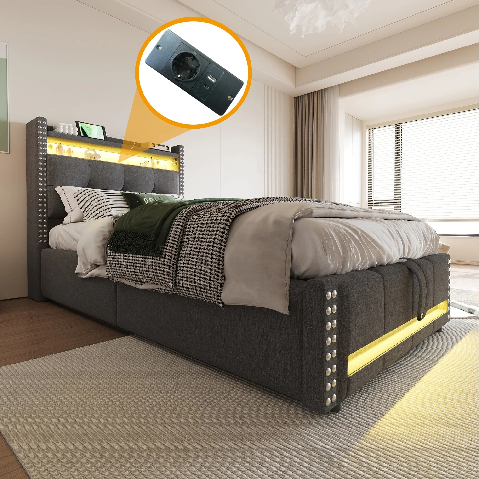 Upholstered Children's Bed 90x200cm, LED & USB, Storage Headboard, Grey Linen - Image 4