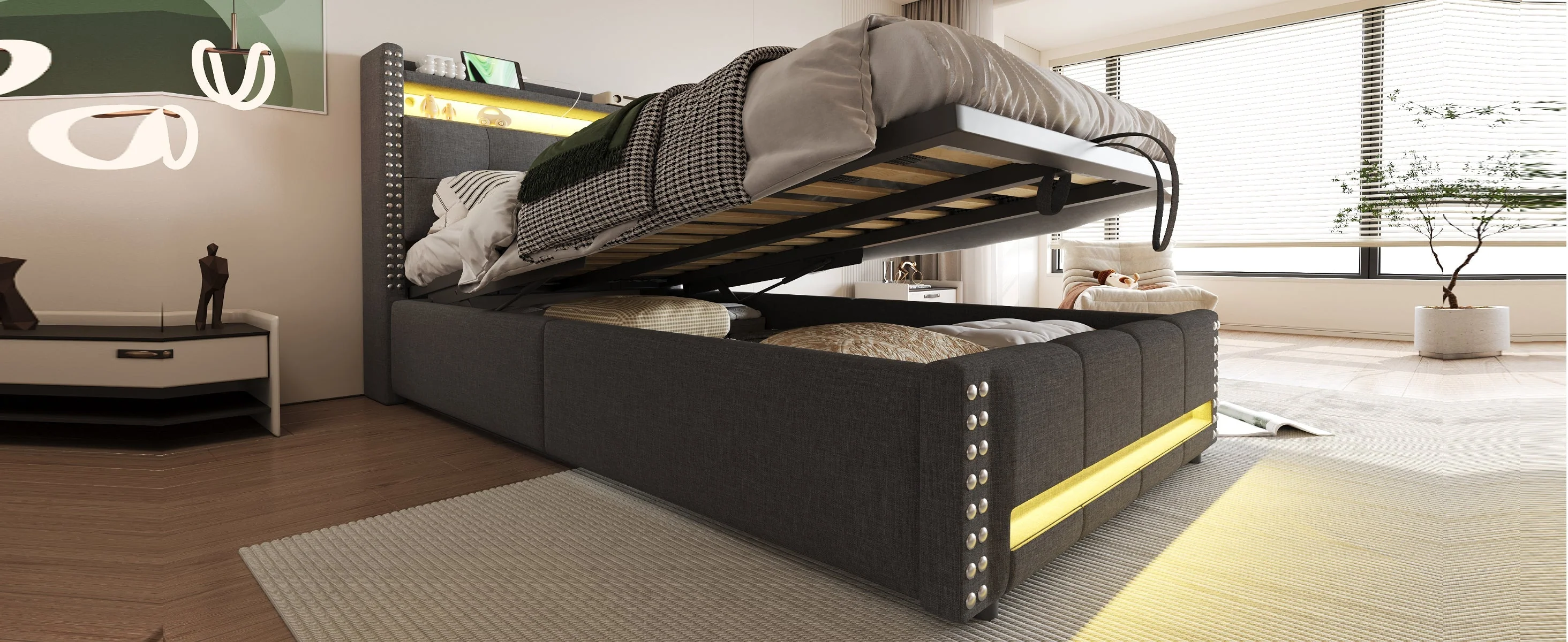 Upholstered Children's Bed 90x200cm, LED & USB, Storage Headboard, Grey Linen - Image 8