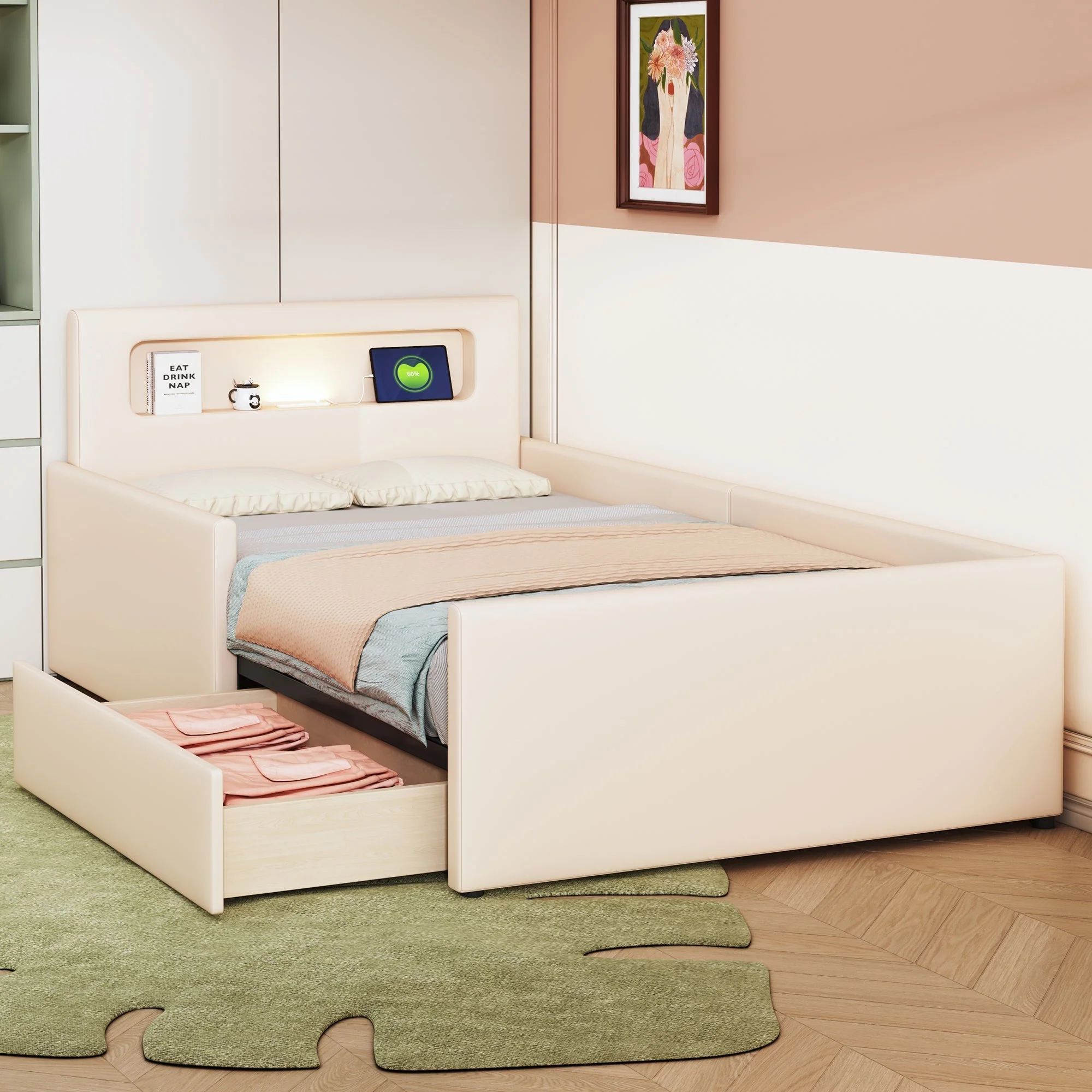 Upholstered Children's Bed 90x200cm Night Light USB Storage Safety Faux Leather Beige - Image 3