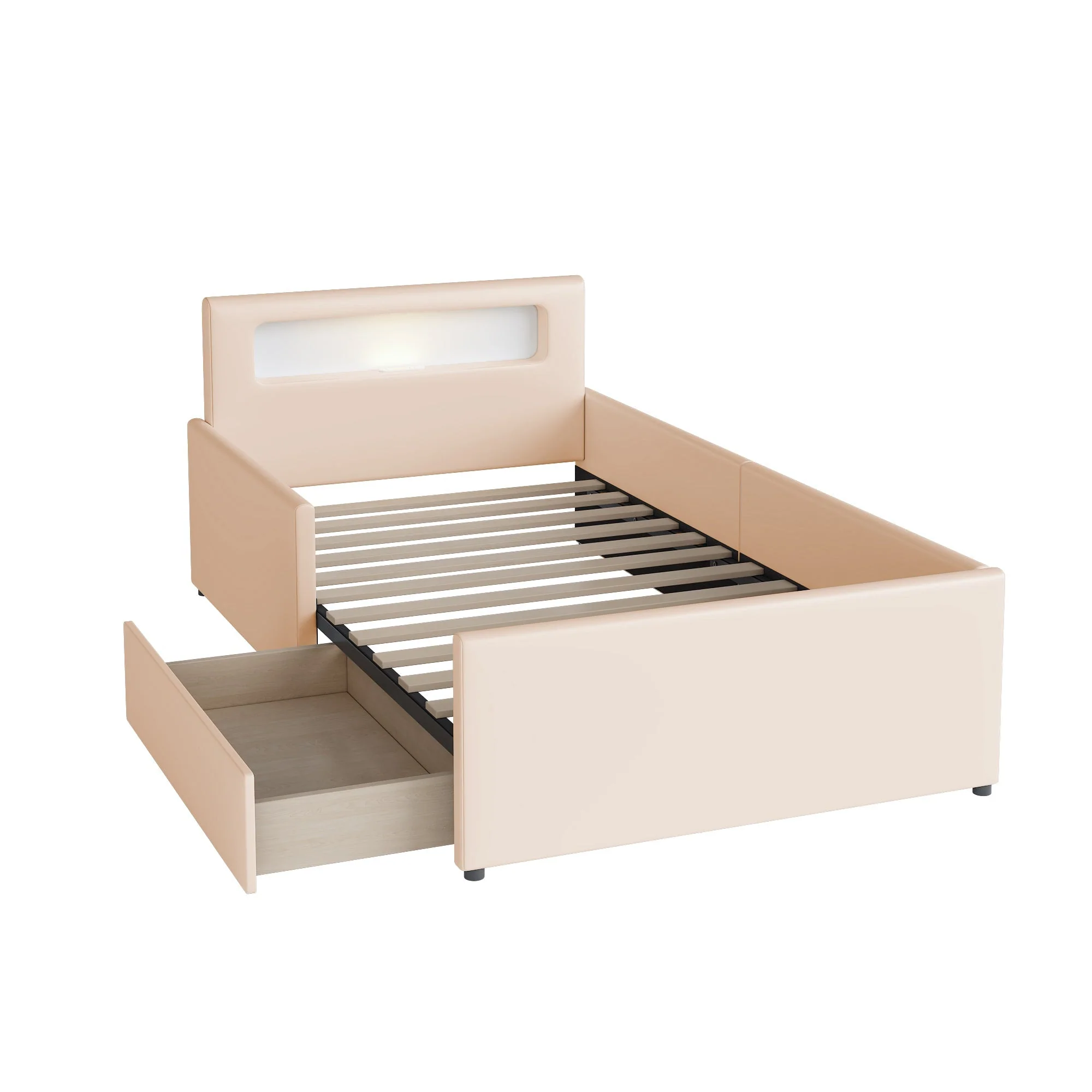 Upholstered Children's Bed 90x200cm Night Light USB Storage Safety Faux Leather Beige - Image 8