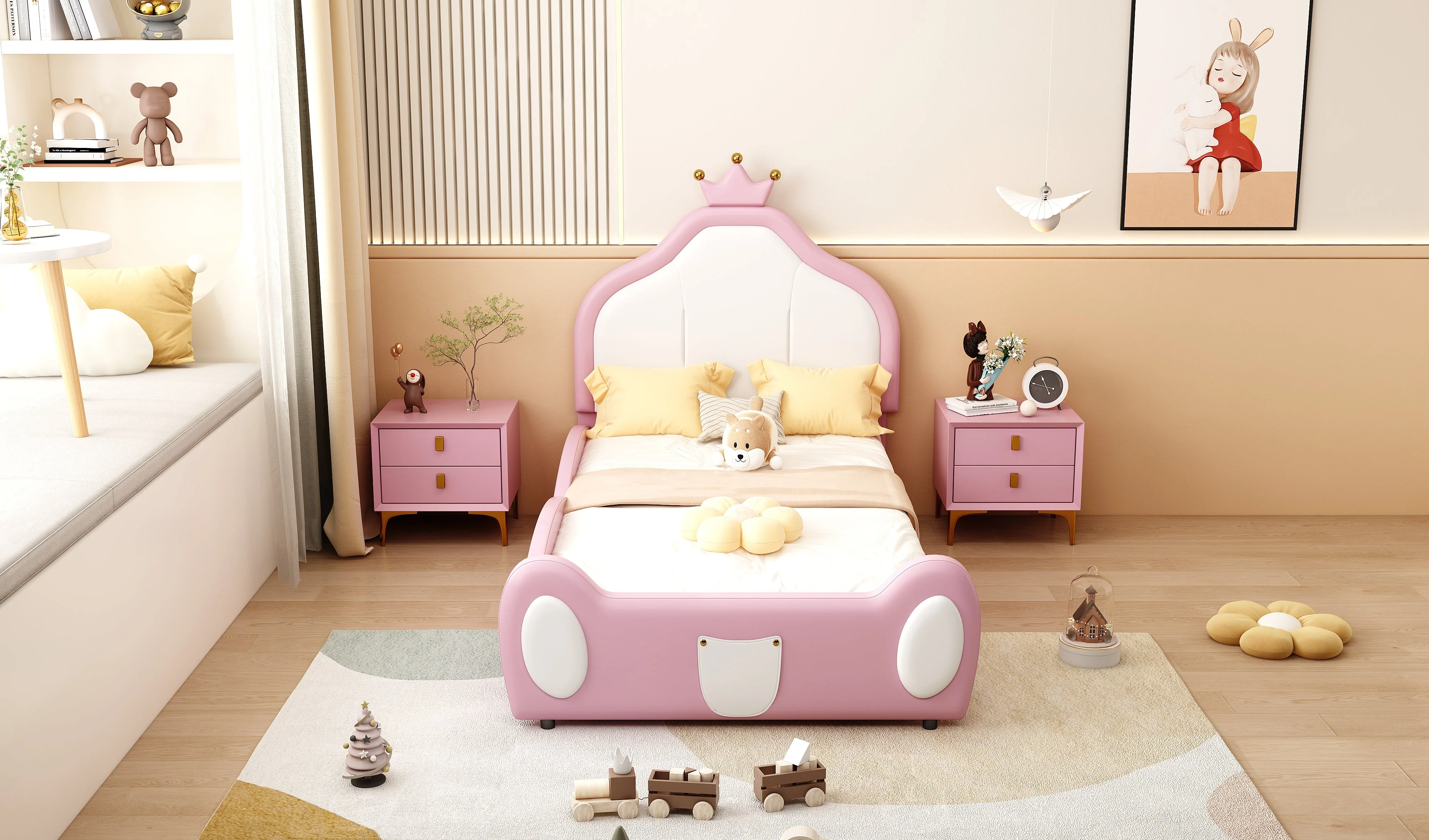 Upholstered Children's Bed 90x200cm Patchwork Design Faux Leather Pink - Image 5
