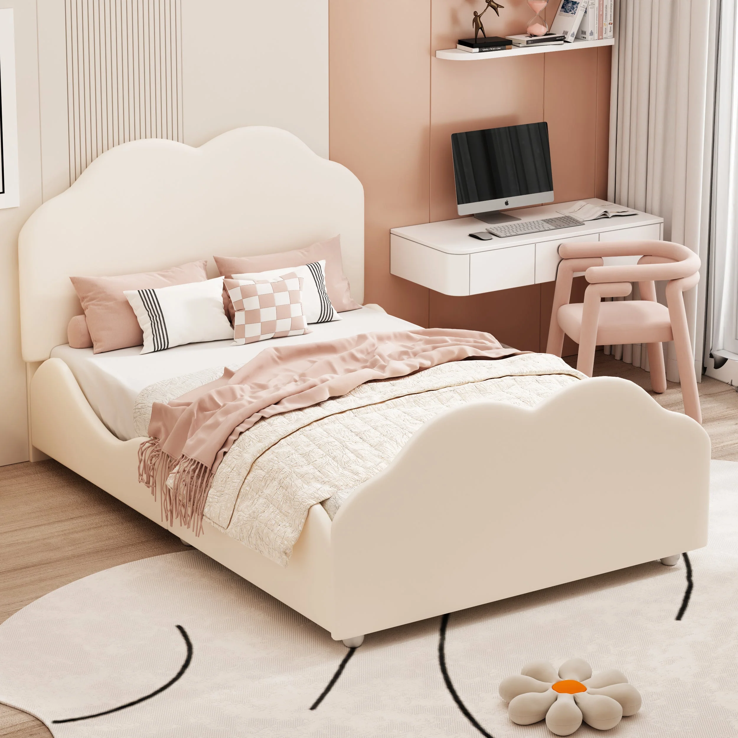 Upholstered Children's Bed Single 90x200cm High Railing Cloud Headboard, Beige Velvet - Image 4