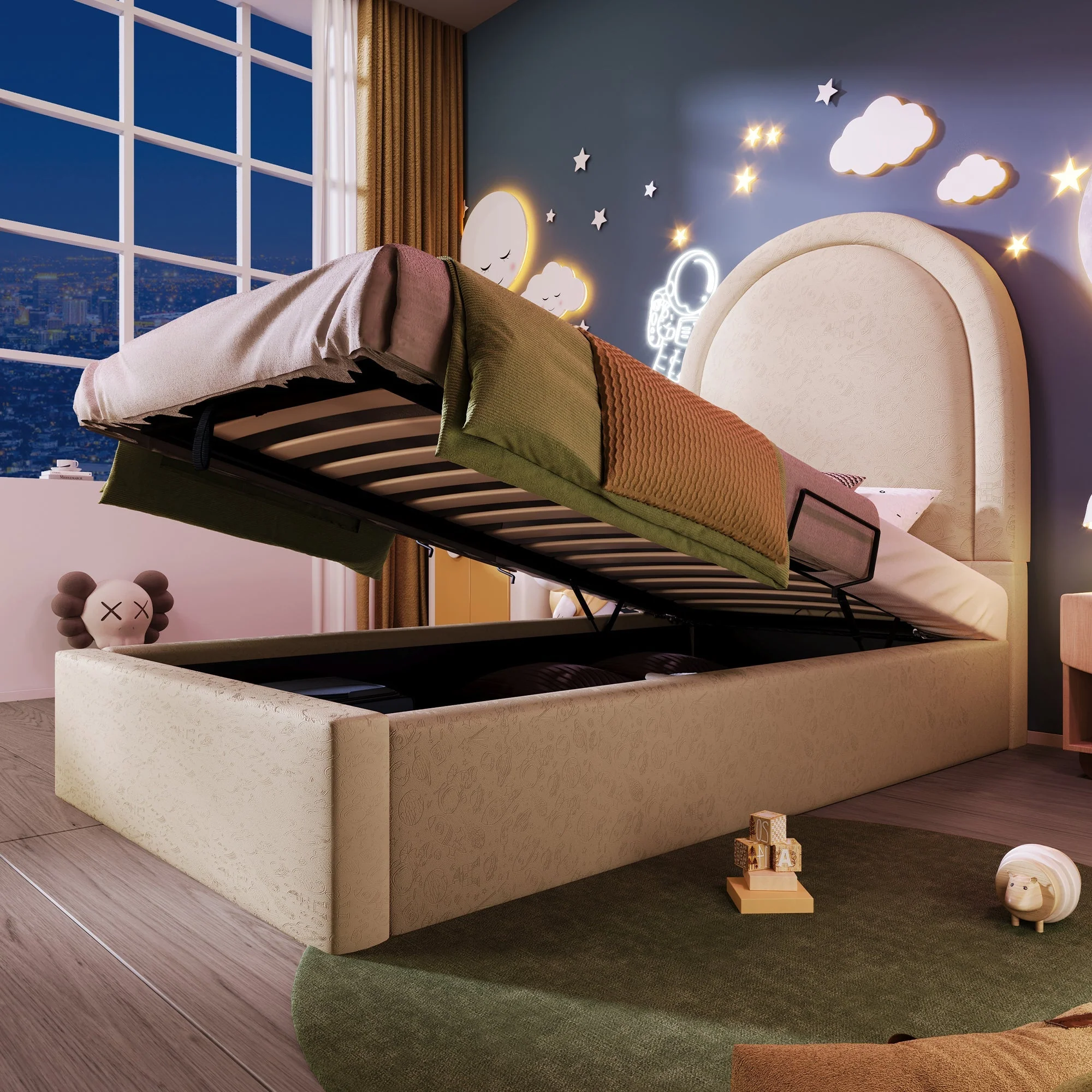 Upholstered children's bed, single bed with cosmic pattern, 90 x 190 cm, beige PU