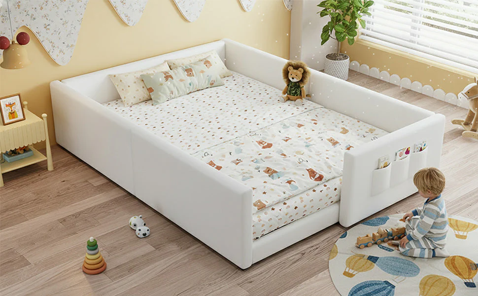 Upholstered Children's Bed with 3 Storage Pockets and Framed Design, 140x200cm, White PU Plywood - Image 8