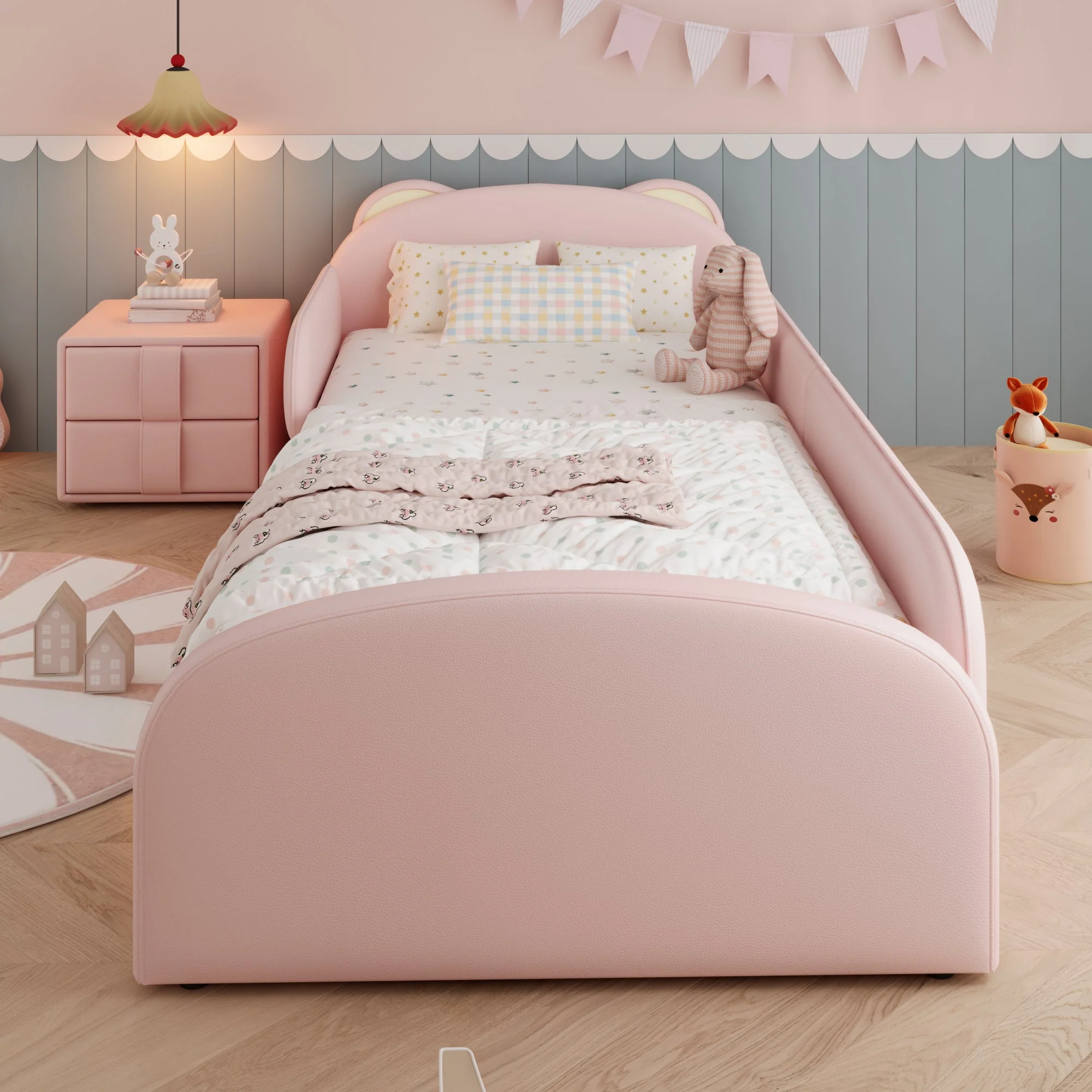 Upholstered Children's Bed with Bear-Shaped Headboard and Matching Bedside Table, 90x200cm, Pink Velvet - Image 4