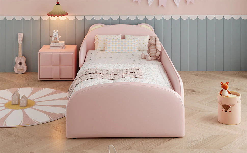 Upholstered Children's Bed with Bear-Shaped Headboard and Matching Bedside Table, 90x200cm, Pink Velvet - Image 8