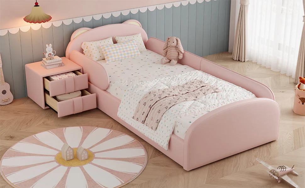 Upholstered Children's Bed with Bear-Shaped Headboard and Matching Bedside Table, 90x200cm, Pink Velvet - Image 9