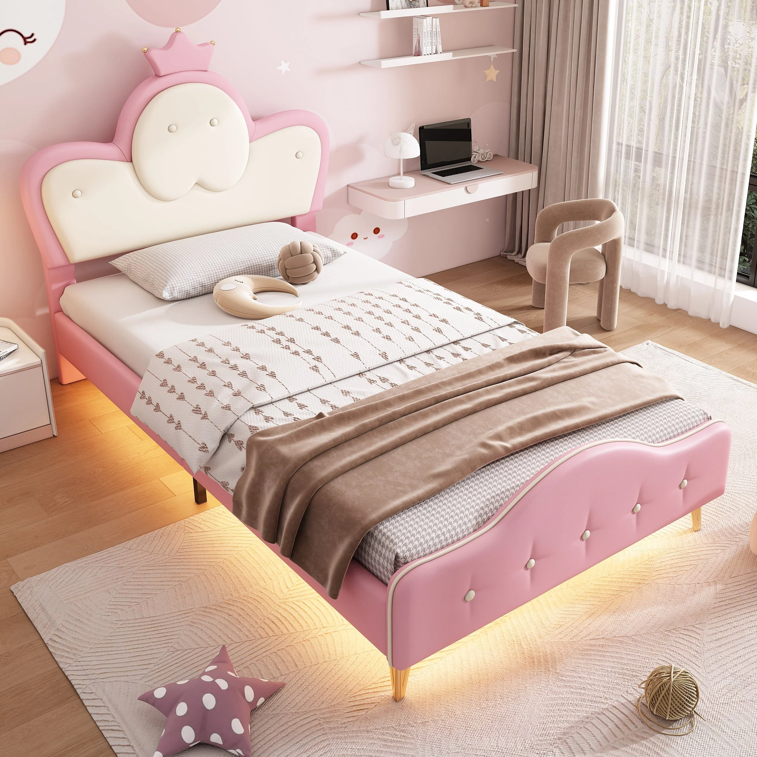Upholstered Children's Bed with Crown Headboard, LED Strip, PU, Pink + White - Image 3