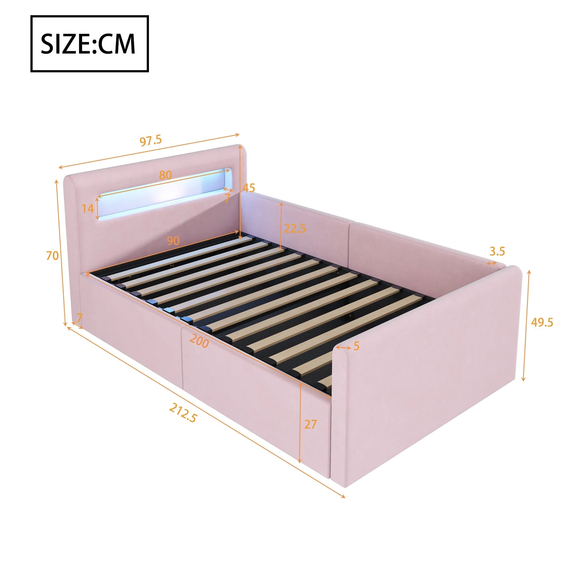 Upholstered Children's Bed with LED, USB Charging and Hydraulic Storage, 90x200cm Velvet - Image 2