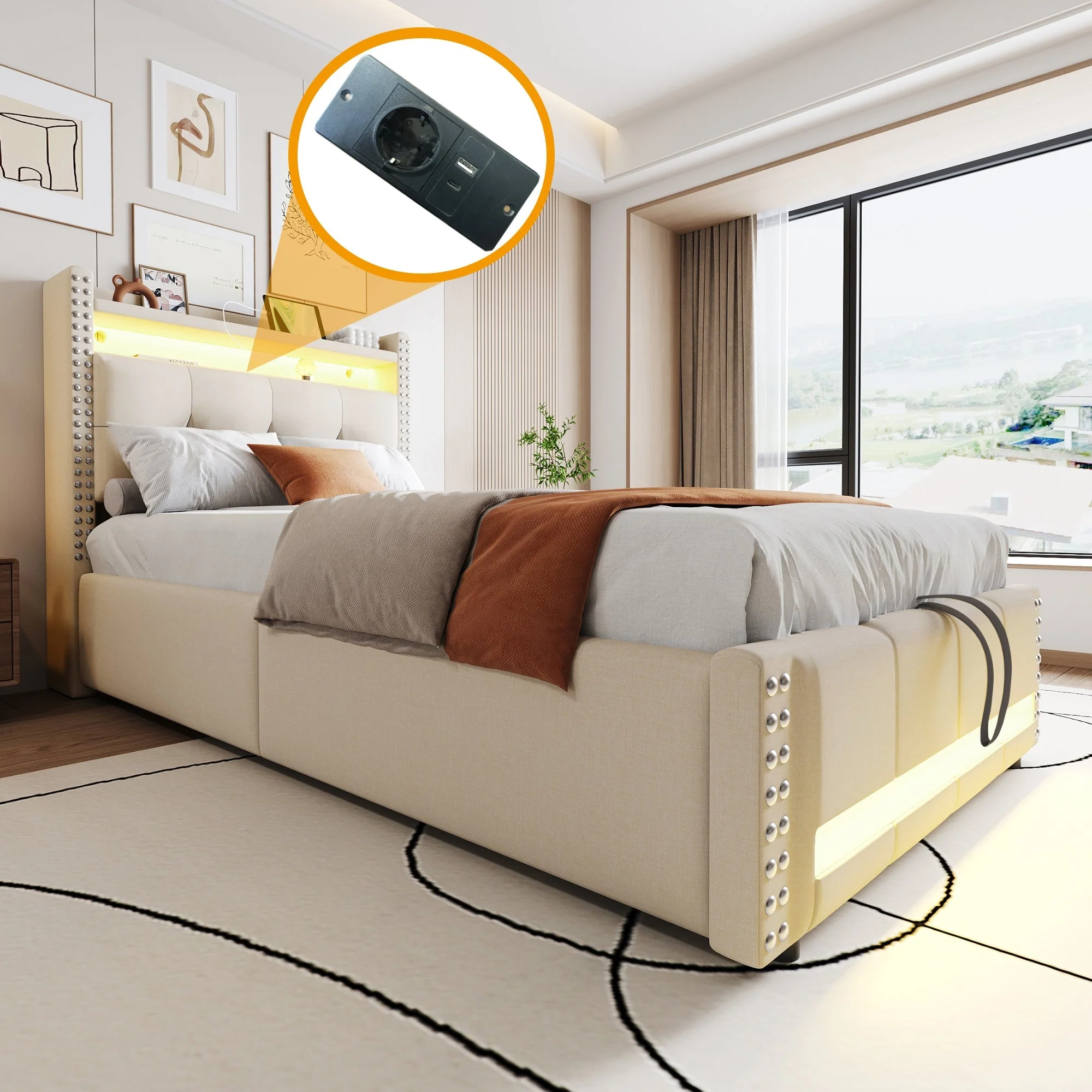 Upholstered Children's Bed with LED, USB, Storage, 90x200cm, Linen Fabric Beige - Image 4