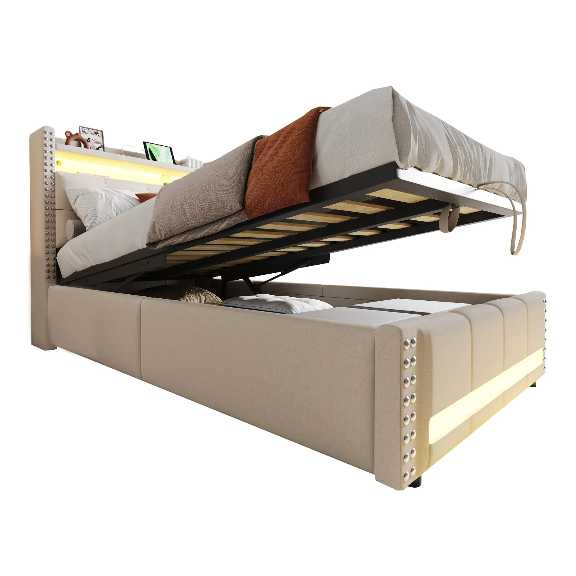 Upholstered Children's Bed with LED, USB, Storage, 90x200cm, Linen Fabric Beige - Image 9