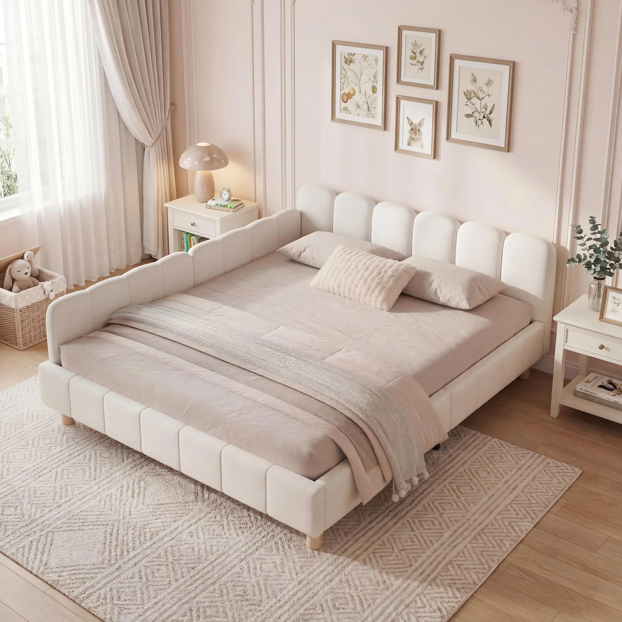 Upholstered Children's Bed with Tufted Headboard and Safety Rail, 140x190cm, Beige Velvet - Image 5