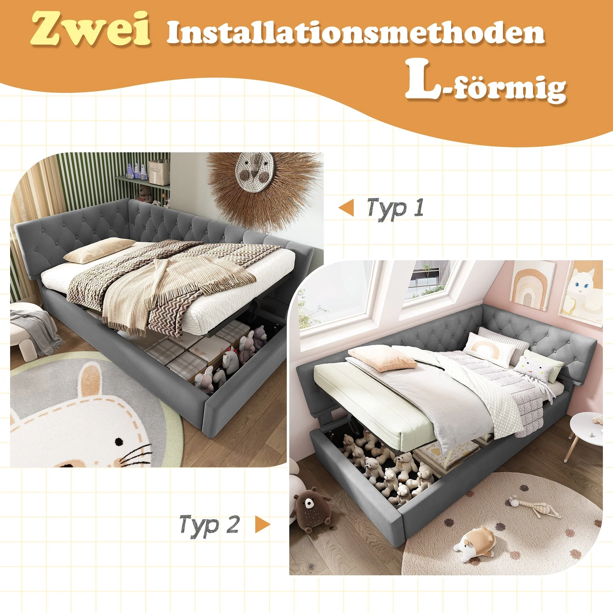 Upholstered Day Bed, 90x200cm Sofa Bed with Hydraulic Storage, Velvet Gray - Image 6