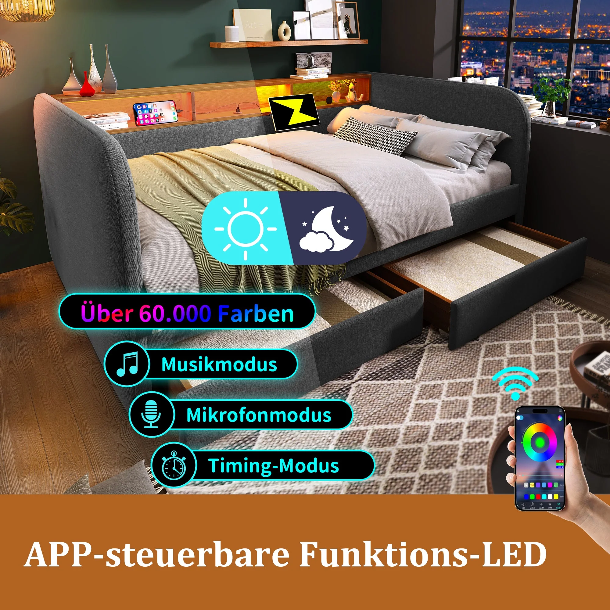 Upholstered Daybed, 140x190cm Sofa Bed with LED, USB-C & Storage, Grey Linen - Image 3