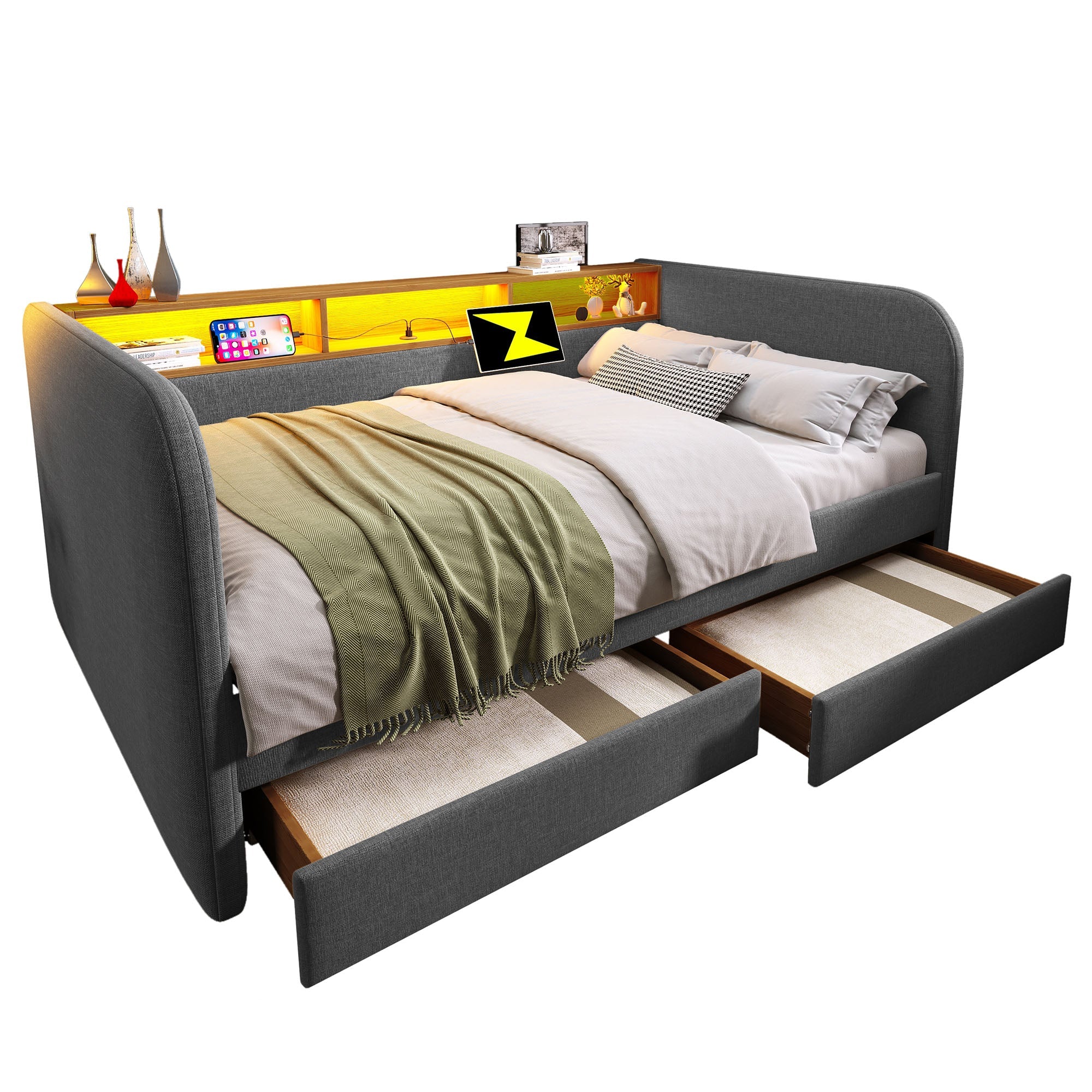 Upholstered Daybed, 140x190cm Sofa Bed with LED, USB-C & Storage, Grey Linen - Image 7