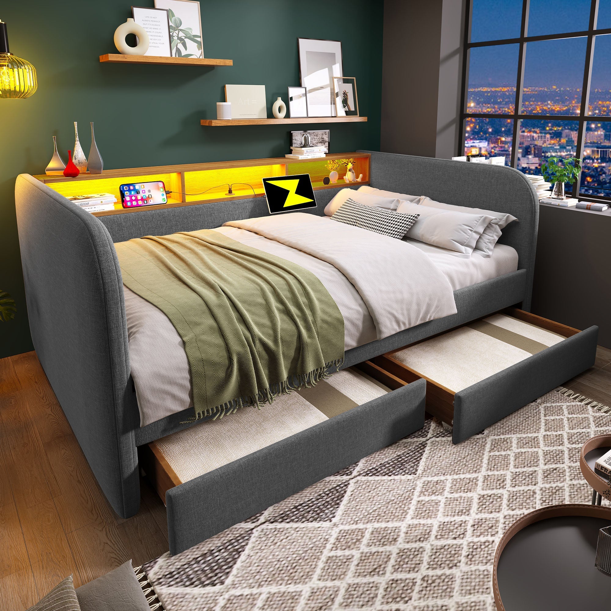 Upholstered Daybed, 140x190cm Sofa Bed with LED, USB-C & Storage, Grey Linen - Image 9
