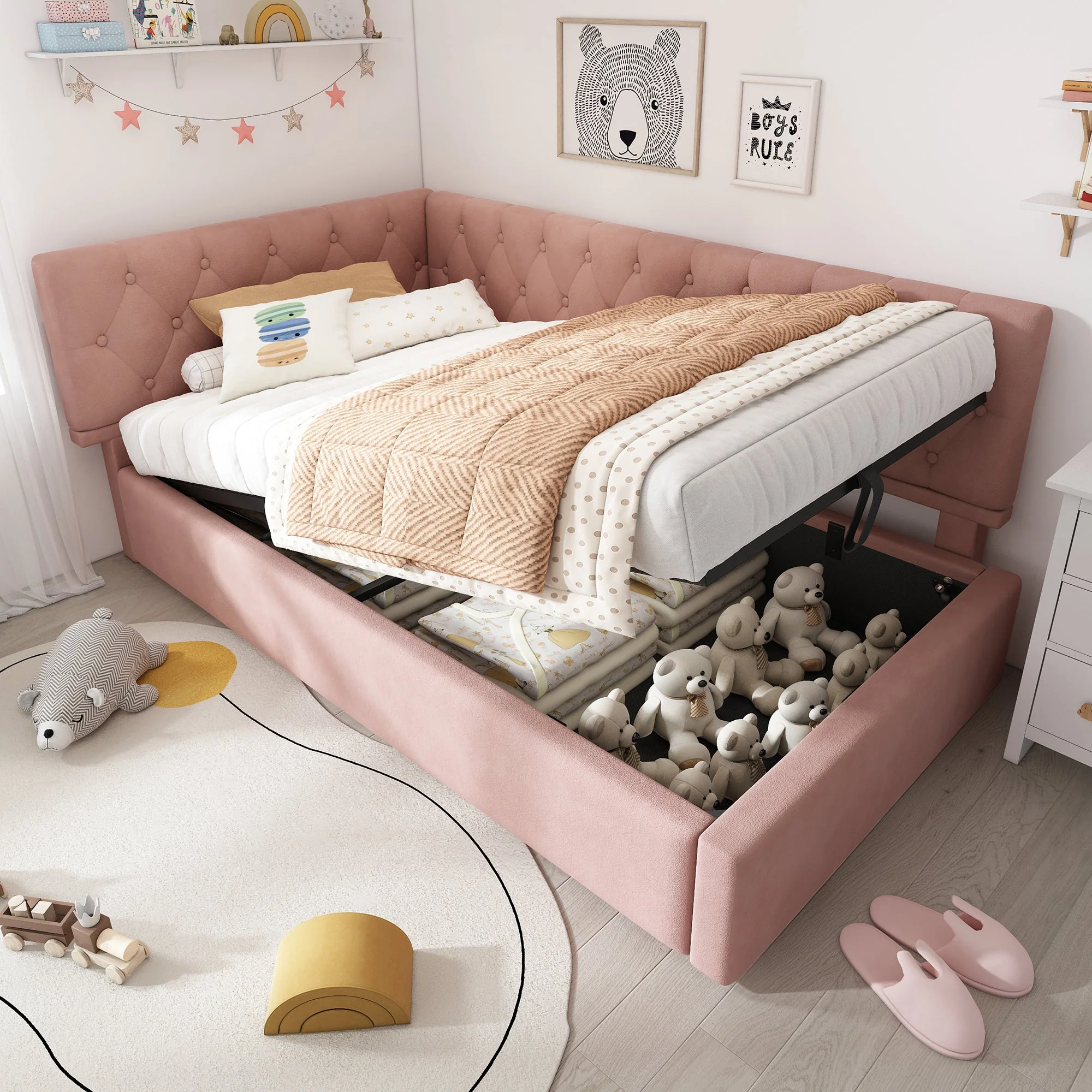 Upholstered Daybed, 90x190cm Sofa Bed with Hydraulic Storage, Velvet Pink - Image 9