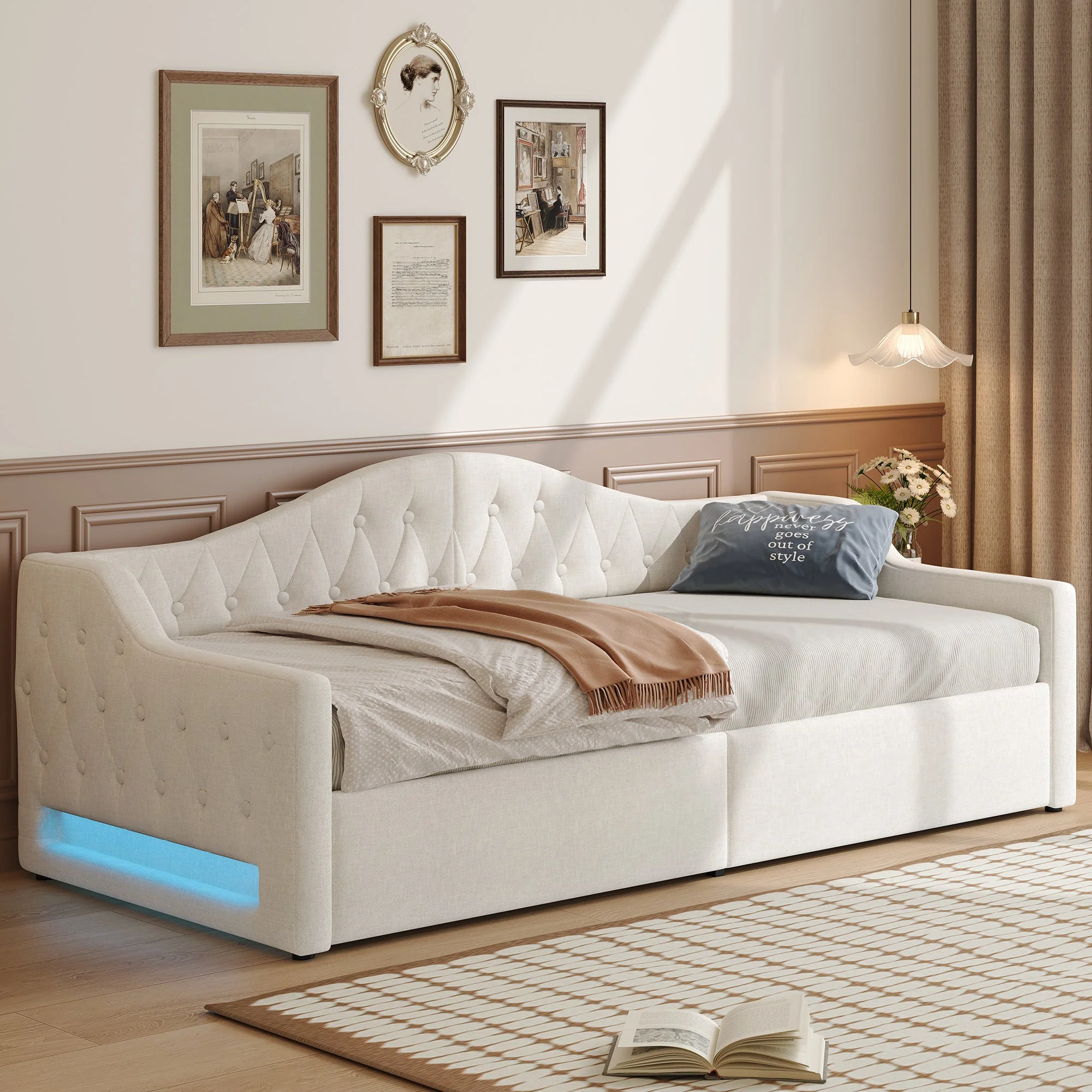 Upholstered Daybed, 90x200 LED Storage, Beige - Image 2