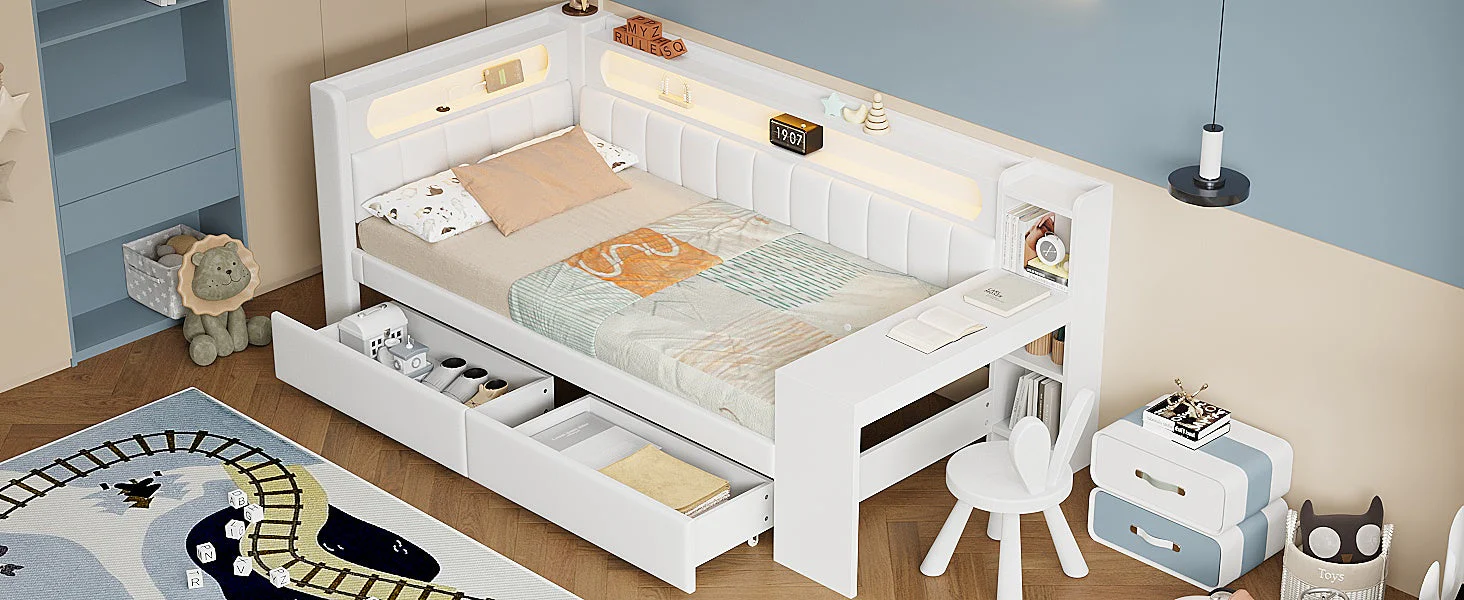 Upholstered Daybed 90x200 with Desk, LED Light, USB Port & 2 Drawers, White - Image 8