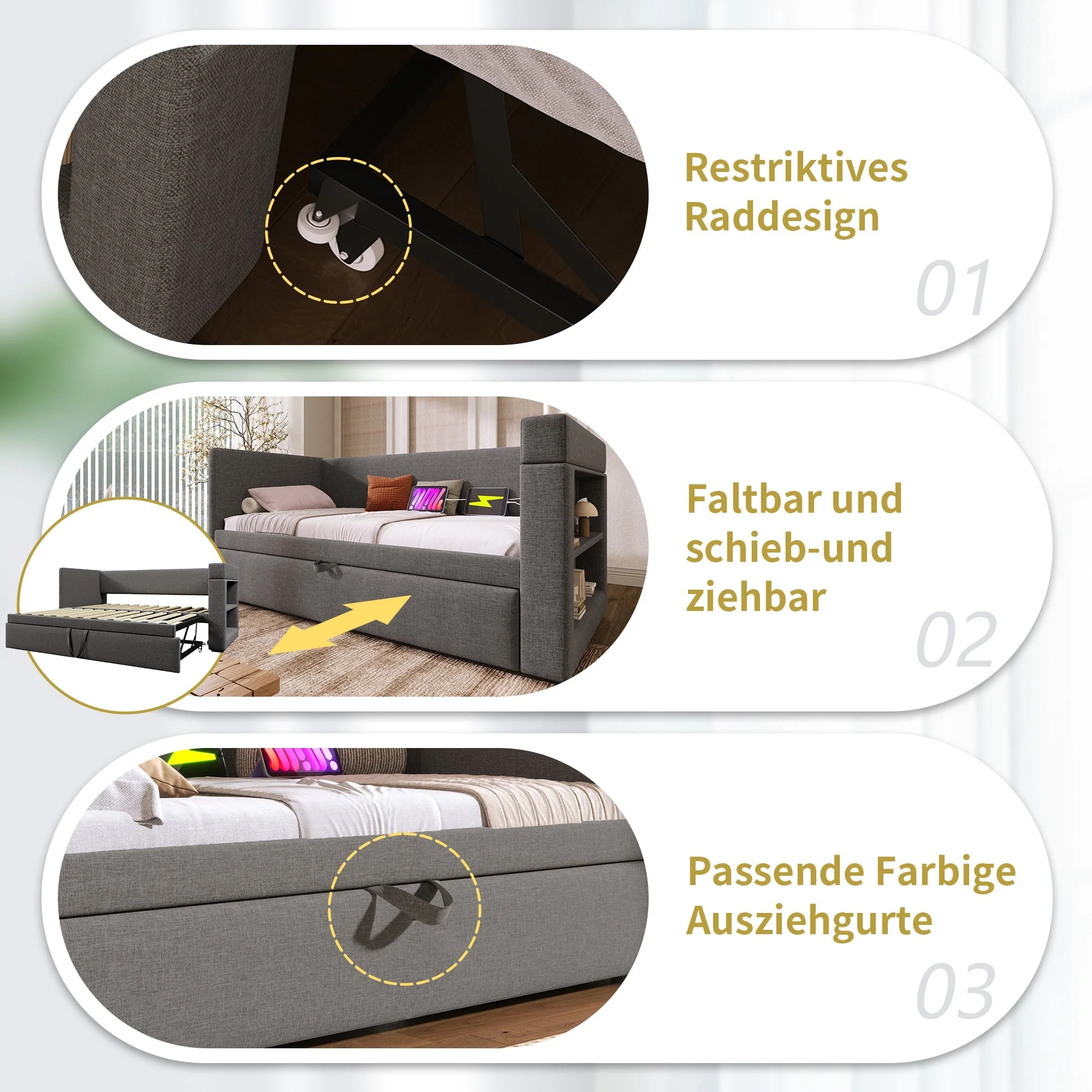 Upholstered Daybed 90x200cm, Single Sofa Bed Pull-Out, USB/Type-C Charging, Linen Blend Fabric Grey - Image 4