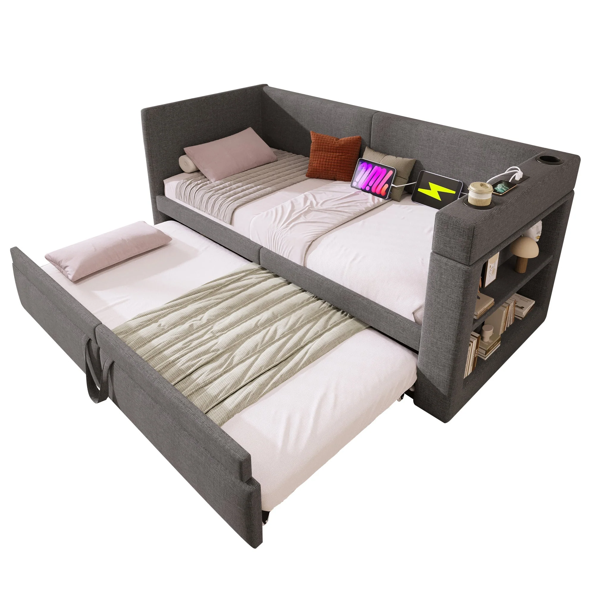Upholstered Daybed 90x200cm, Single Sofa Bed Pull-Out, USB/Type-C Charging, Linen Blend Fabric Grey - Image 7