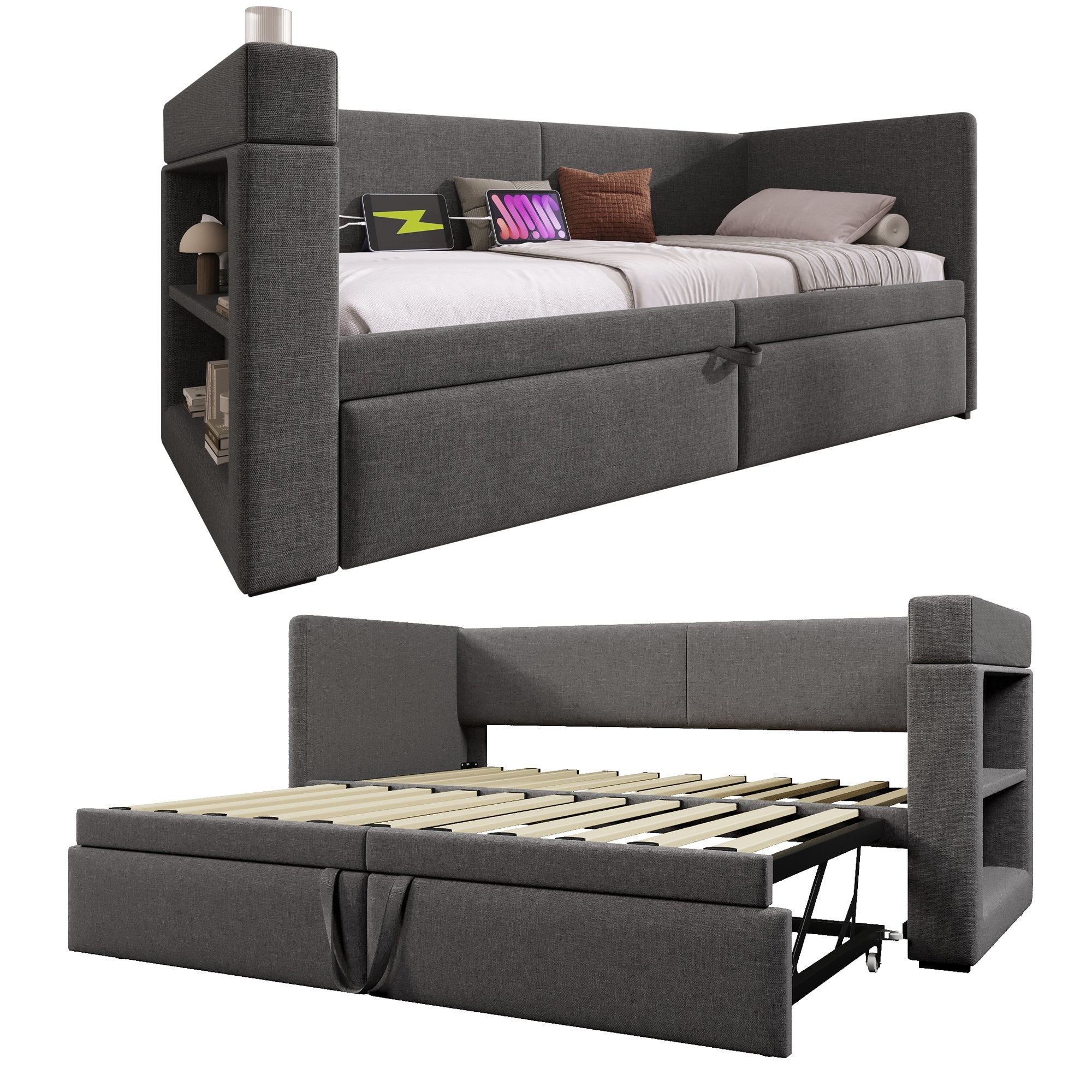 Upholstered Daybed 90x200cm, Single Sofa Bed Pull-Out, USB/Type-C Charging, Linen Blend Fabric Grey - Image 8
