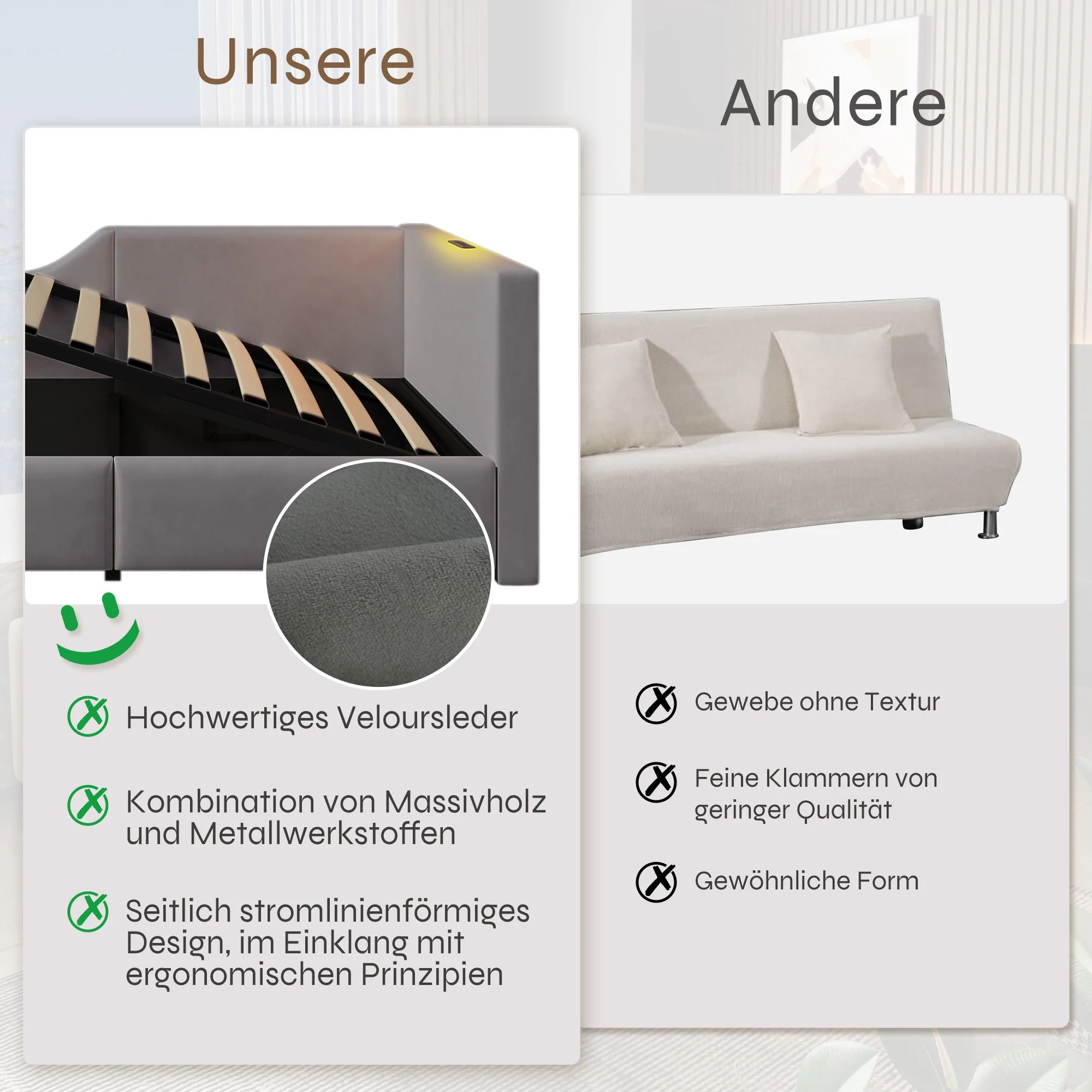 Upholstered Daybed 90x200cm, Sofa Bed with Hydraulic Storage, Reading Light, USB-C, Velvet Grey - Image 4