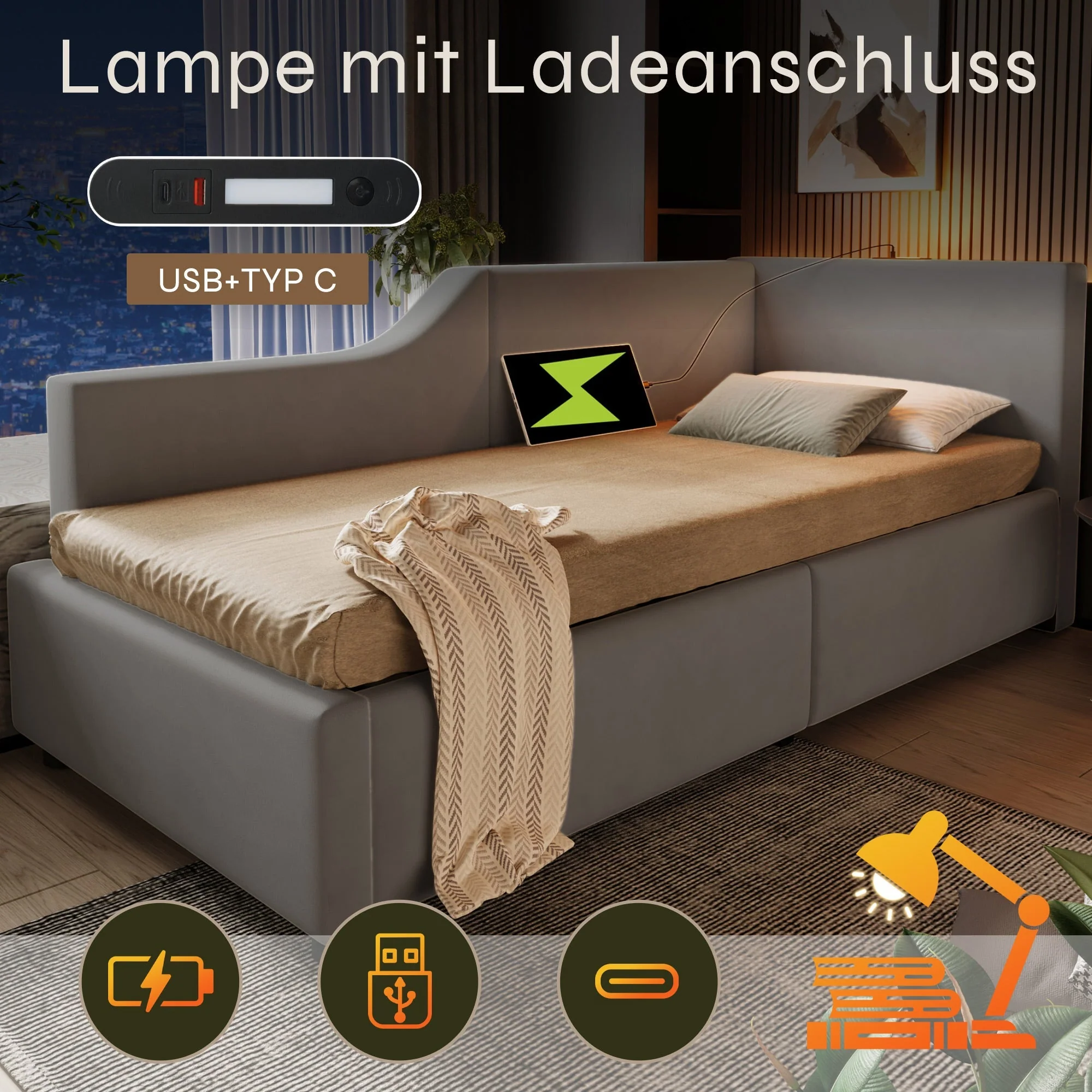 Upholstered Daybed 90x200cm, Sofa Bed with Hydraulic Storage, Reading Light, USB-C, Velvet Grey - Image 5