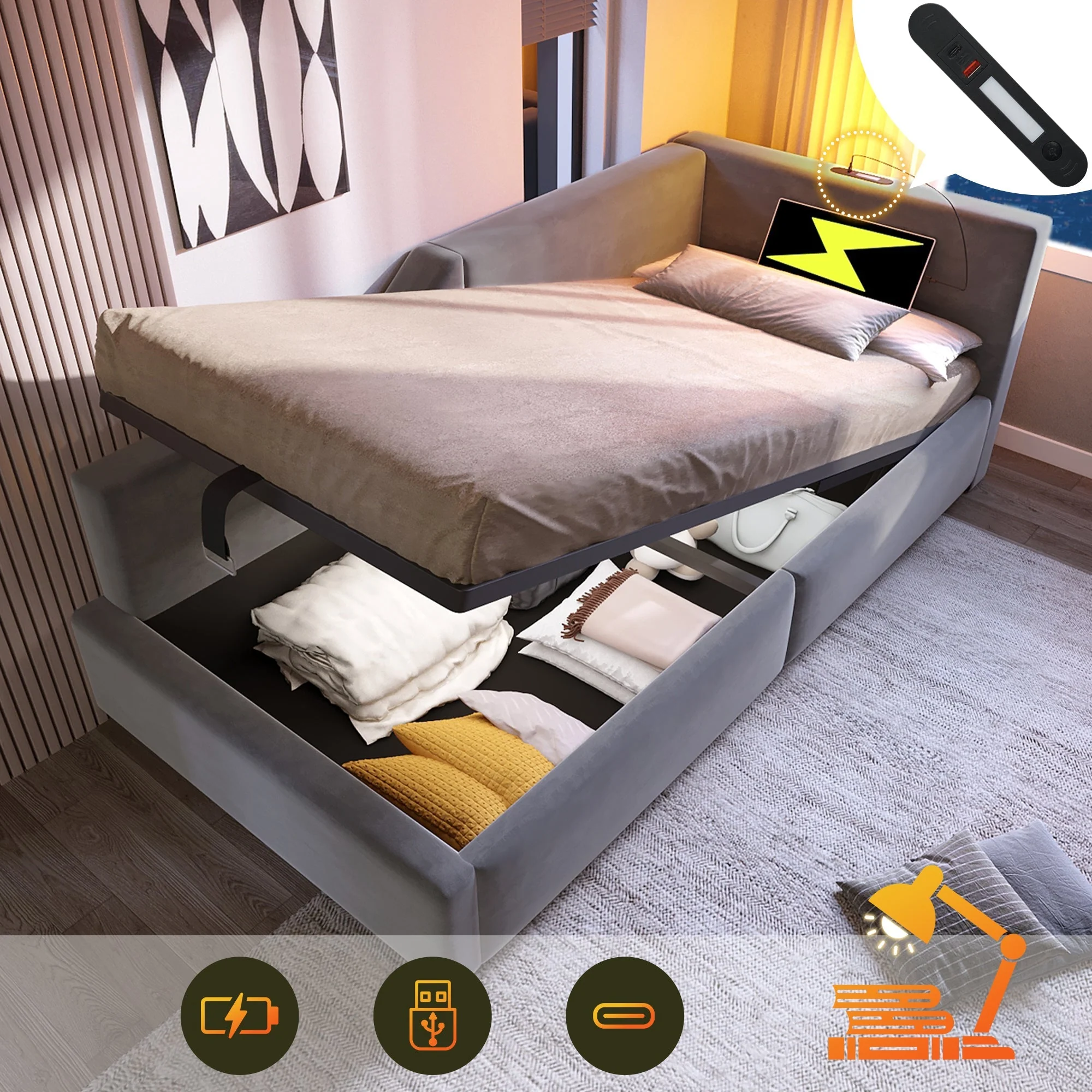 Upholstered Daybed 90x200cm, Sofa Bed with Hydraulic Storage, Reading Light, USB-C, Velvet Grey - Image 6
