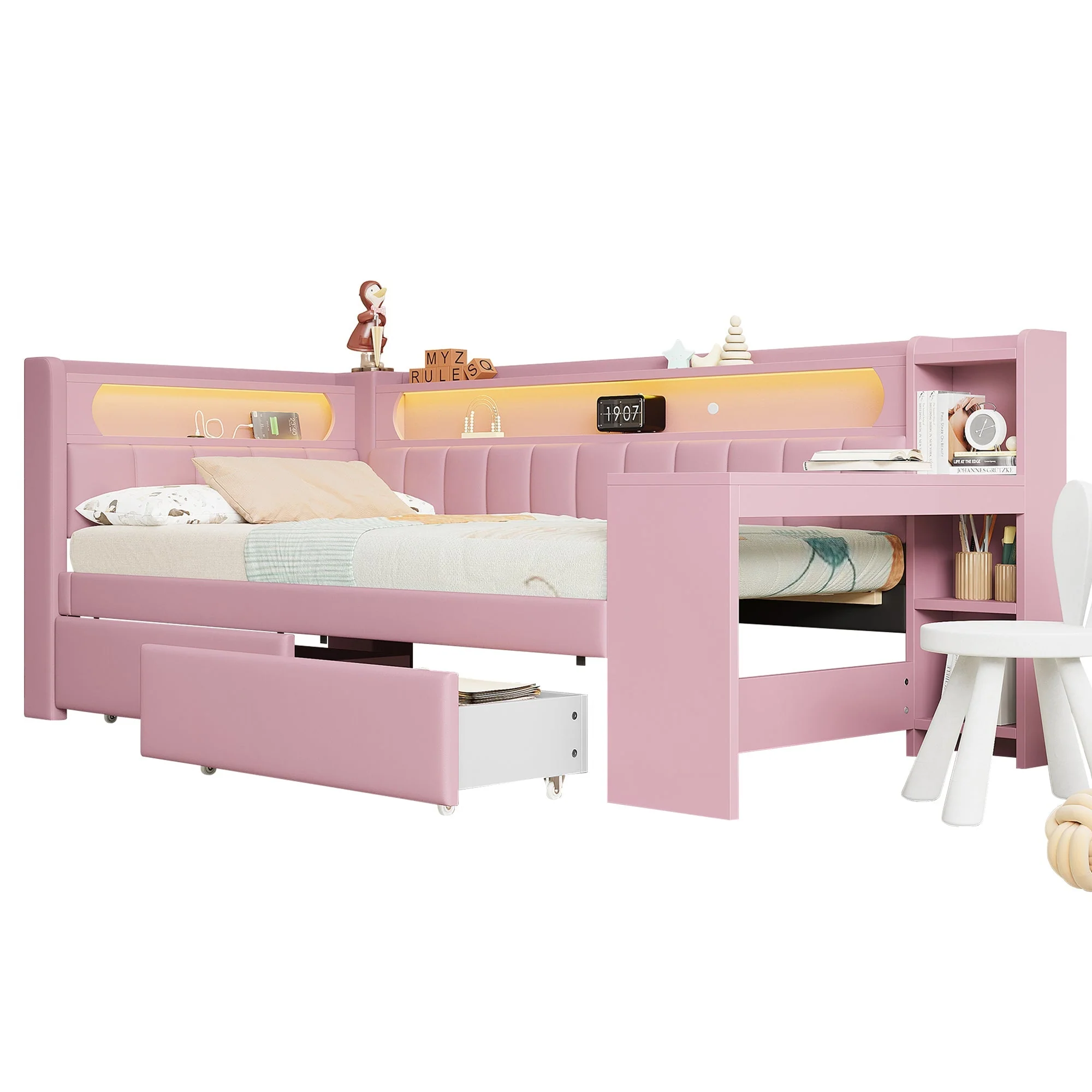 Upholstered Daybed 90x200cm USB LED Desk 2 Drawers - Pink - Image 5