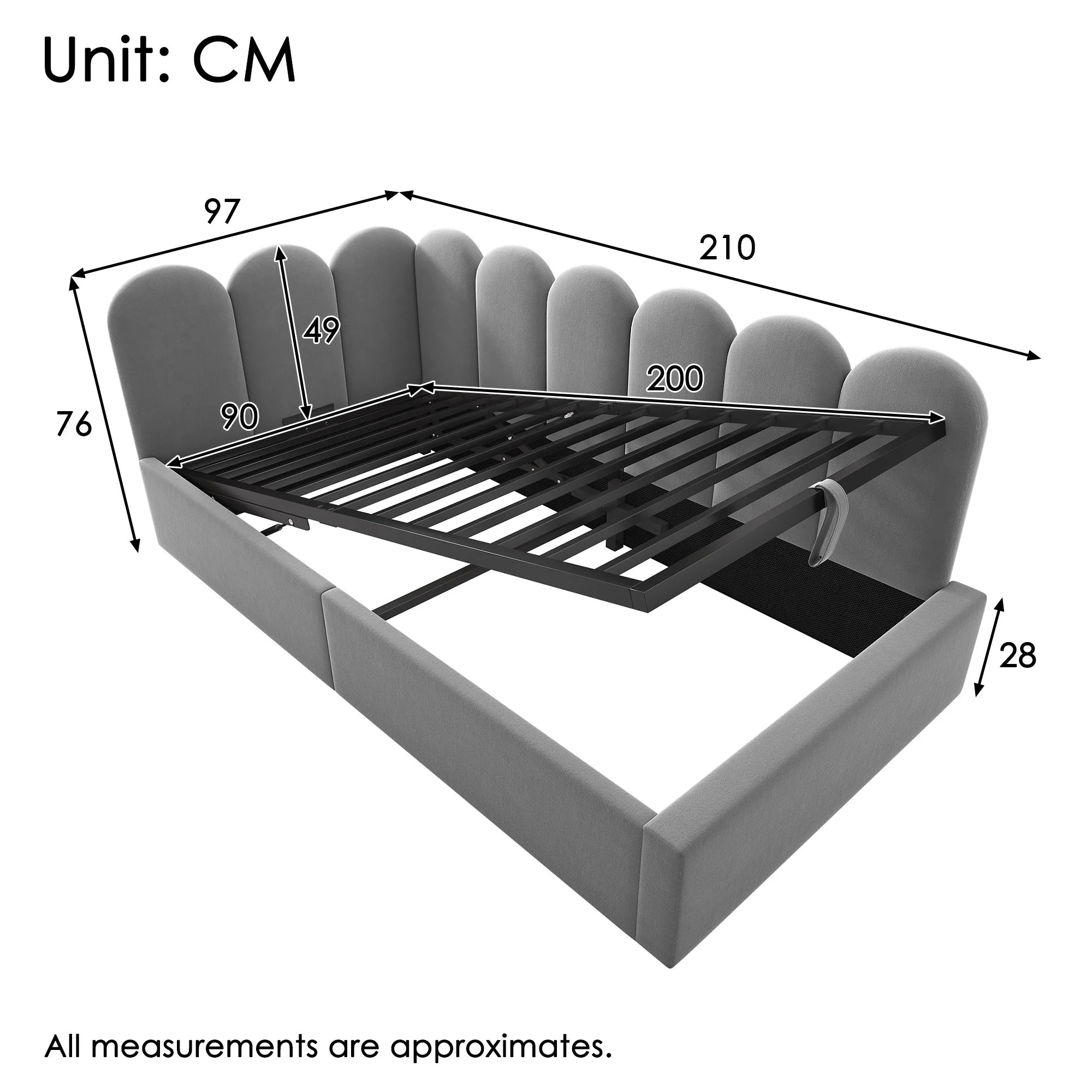 Upholstered Daybed 90x200cm with Hydraulic Storage and Metal Slatted Base, Grey Velvet - Image 2