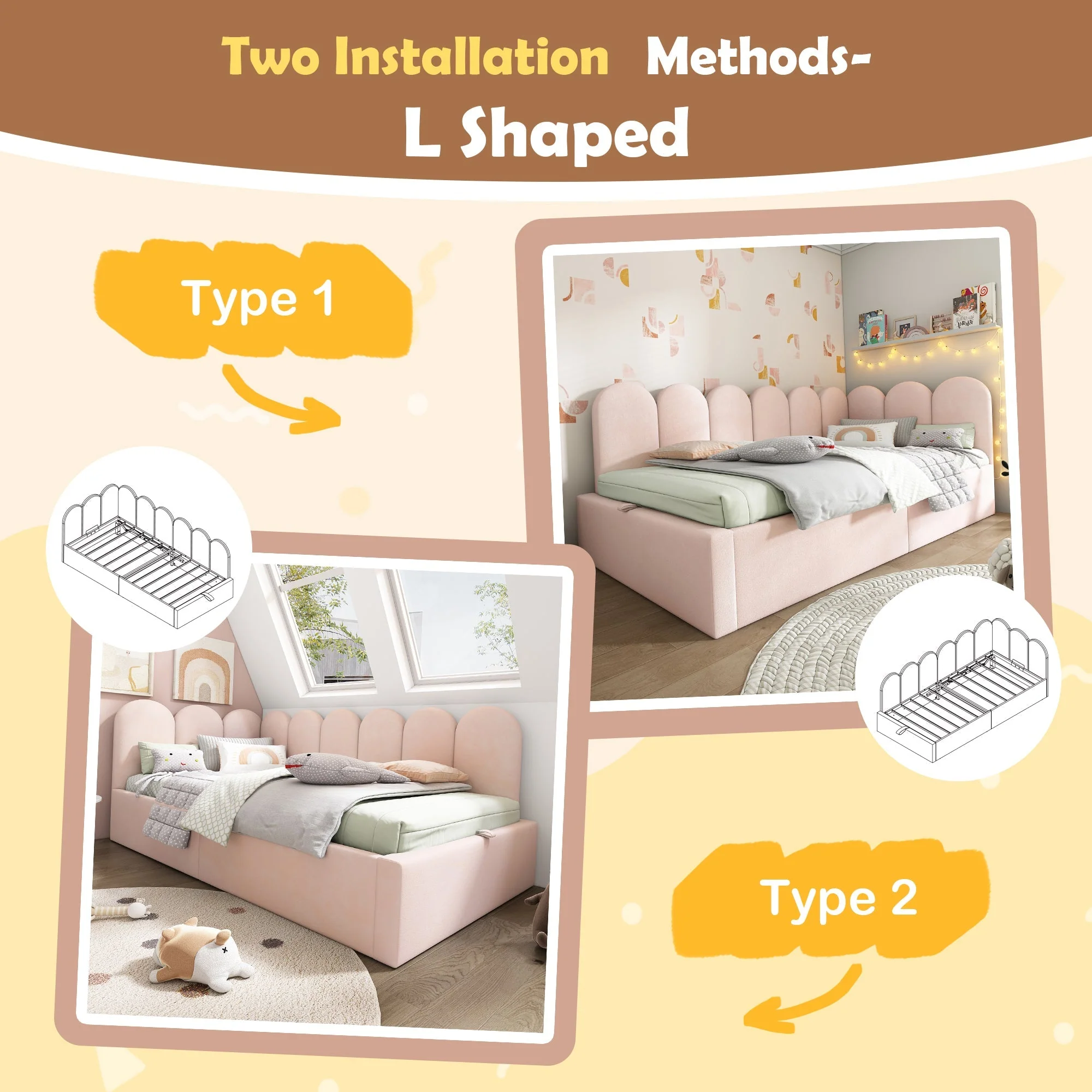 Upholstered Daybed Bed with Hydraulic Storage, 3FT Single 90x190cm Metal Frame, Velvet Pink - Image 5