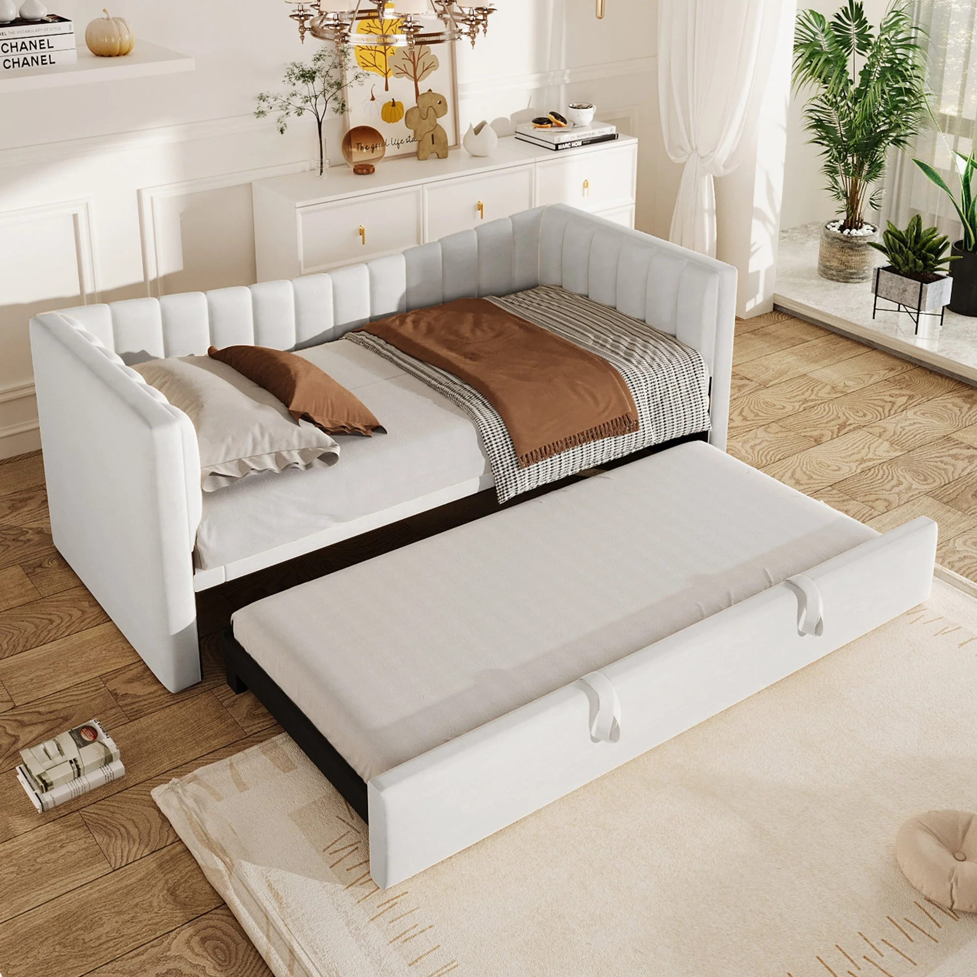 Upholstered Daybed Pull-Out Bed 90x200cm Extendable to 180x200cm Velvet White - Image 2