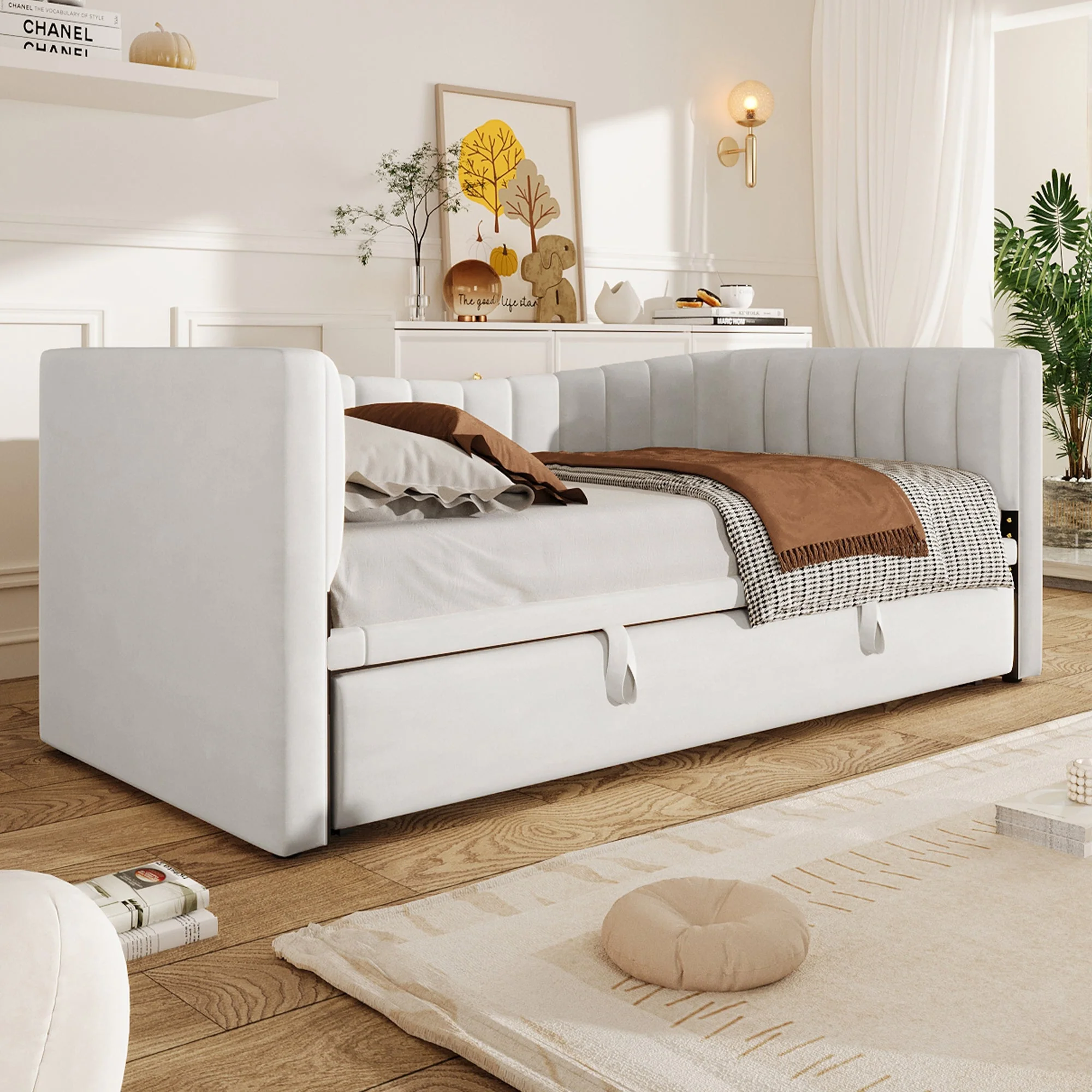 Upholstered Daybed Pull-Out Bed 90x200cm Extendable to 180x200cm Velvet White - Image 3