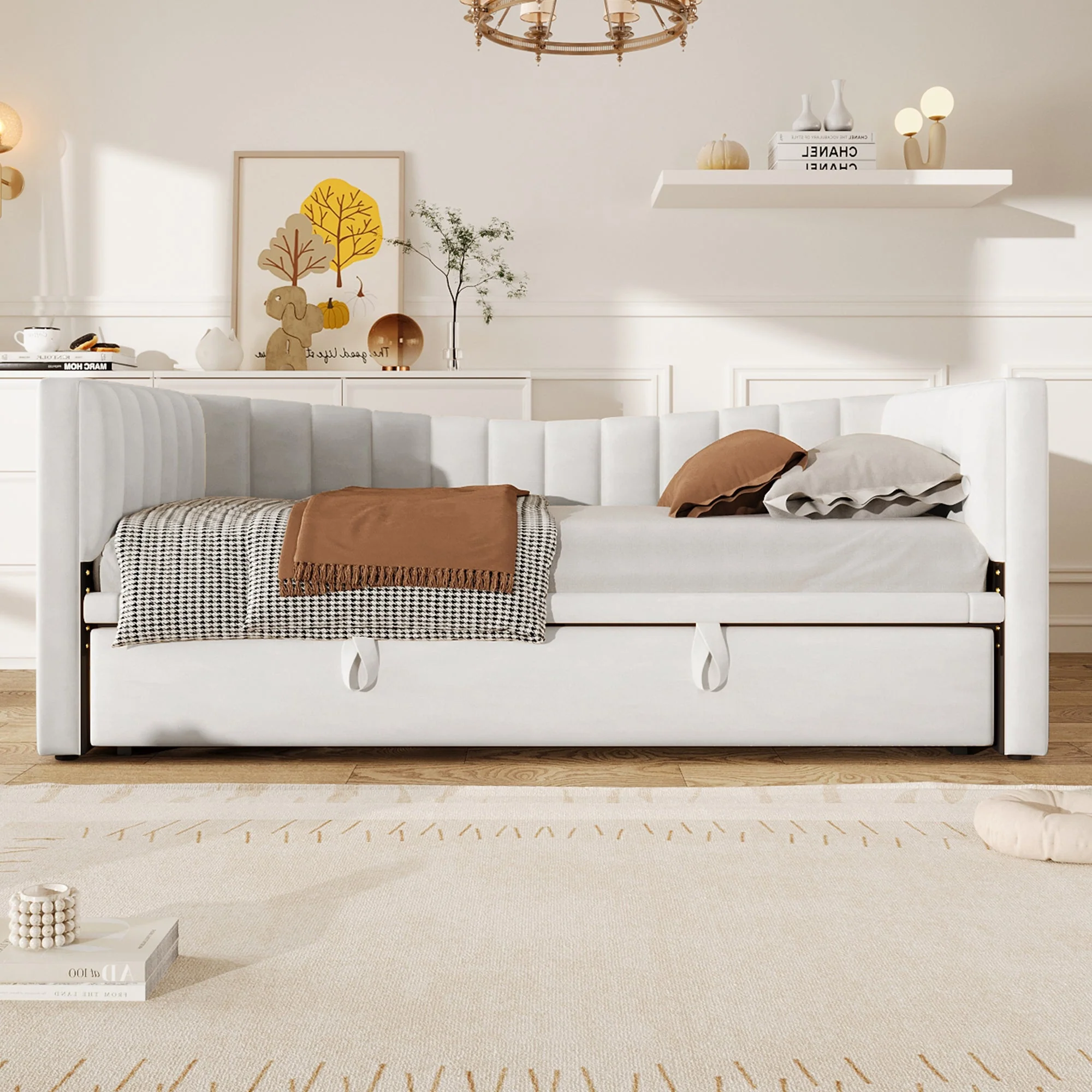Upholstered Daybed Pull-Out Bed 90x200cm Extendable to 180x200cm Velvet White - Image 4