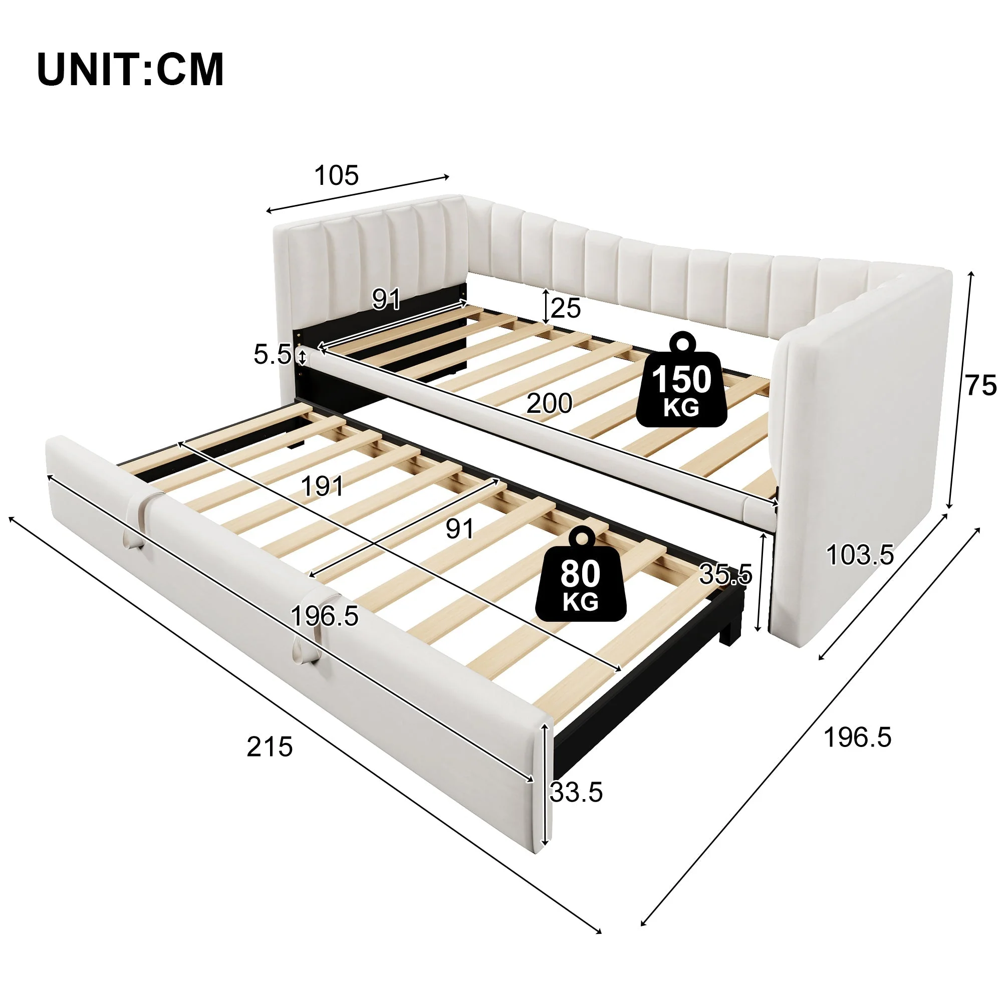 Upholstered Daybed Pull-Out Bed 90x200cm Extendable to 180x200cm Velvet White - Image 5