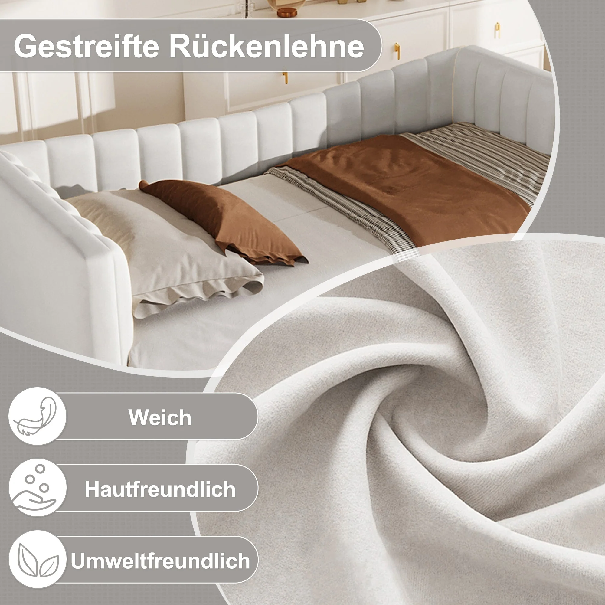 Upholstered Daybed Pull-Out Bed 90x200cm Extendable to 180x200cm Velvet White - Image 6