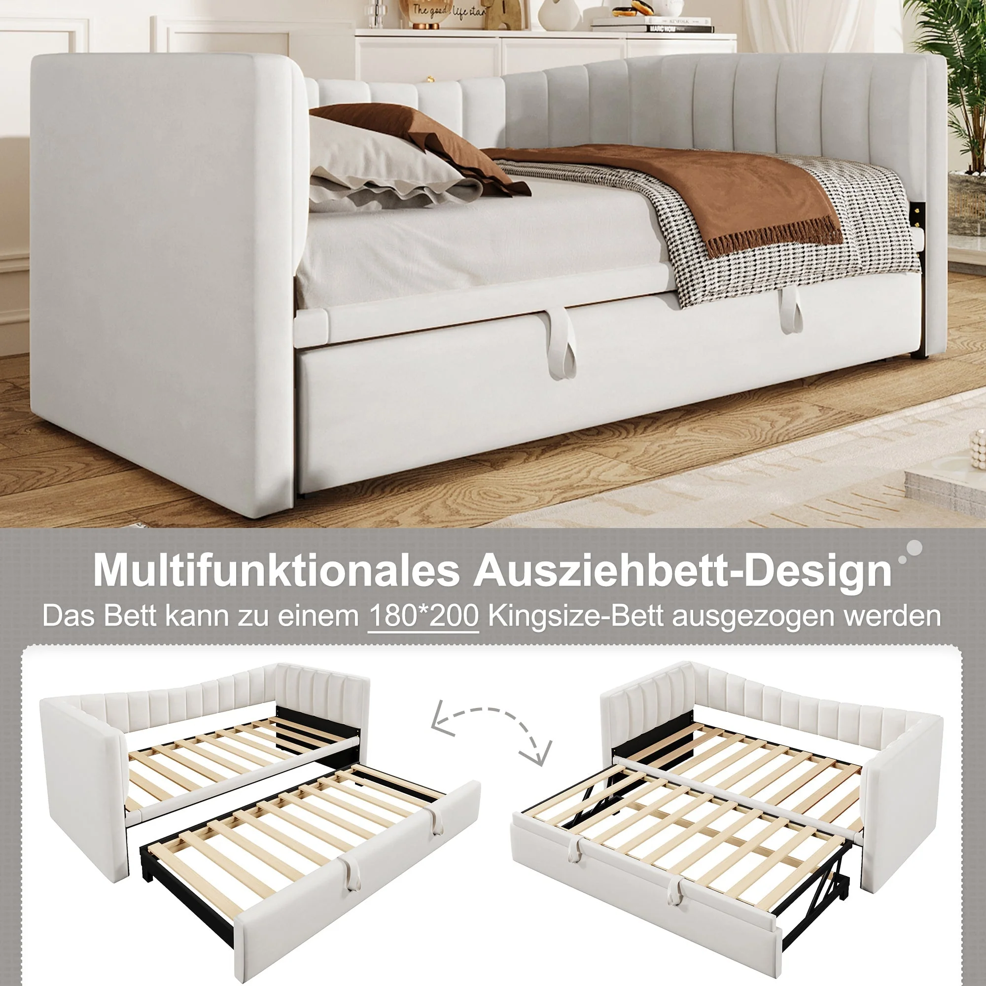Upholstered Daybed Pull-Out Bed 90x200cm Extendable to 180x200cm Velvet White - Image 7