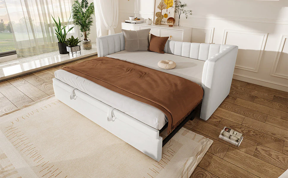 Upholstered Daybed Pull-Out Bed 90x200cm Extendable to 180x200cm Velvet White - Image 8