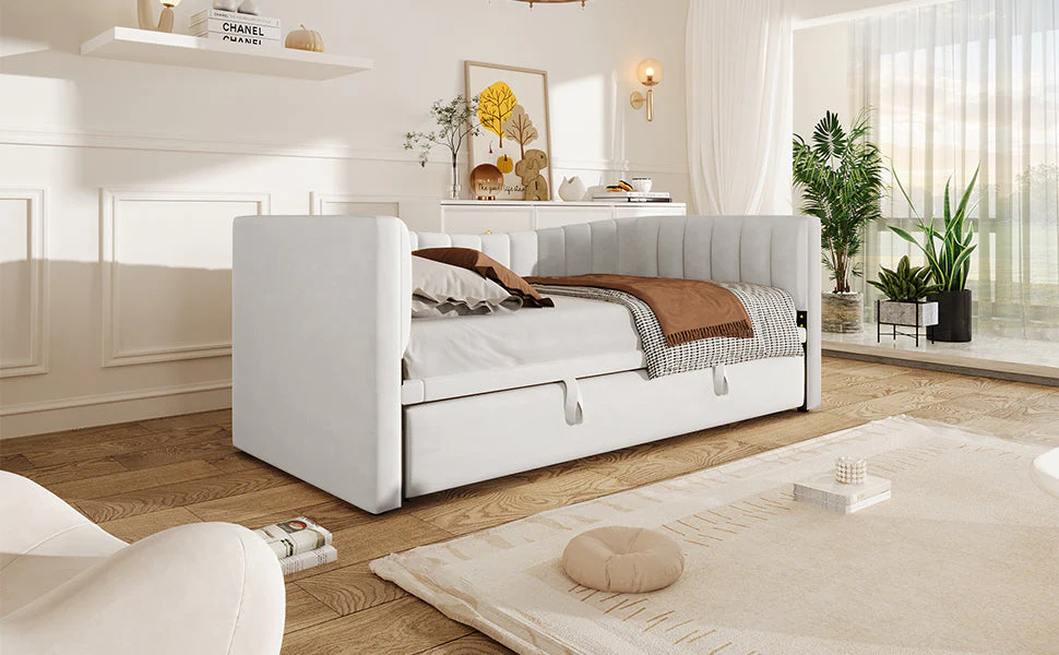 Upholstered Daybed Pull-Out Bed 90x200cm Extendable to 180x200cm Velvet White - Image 9