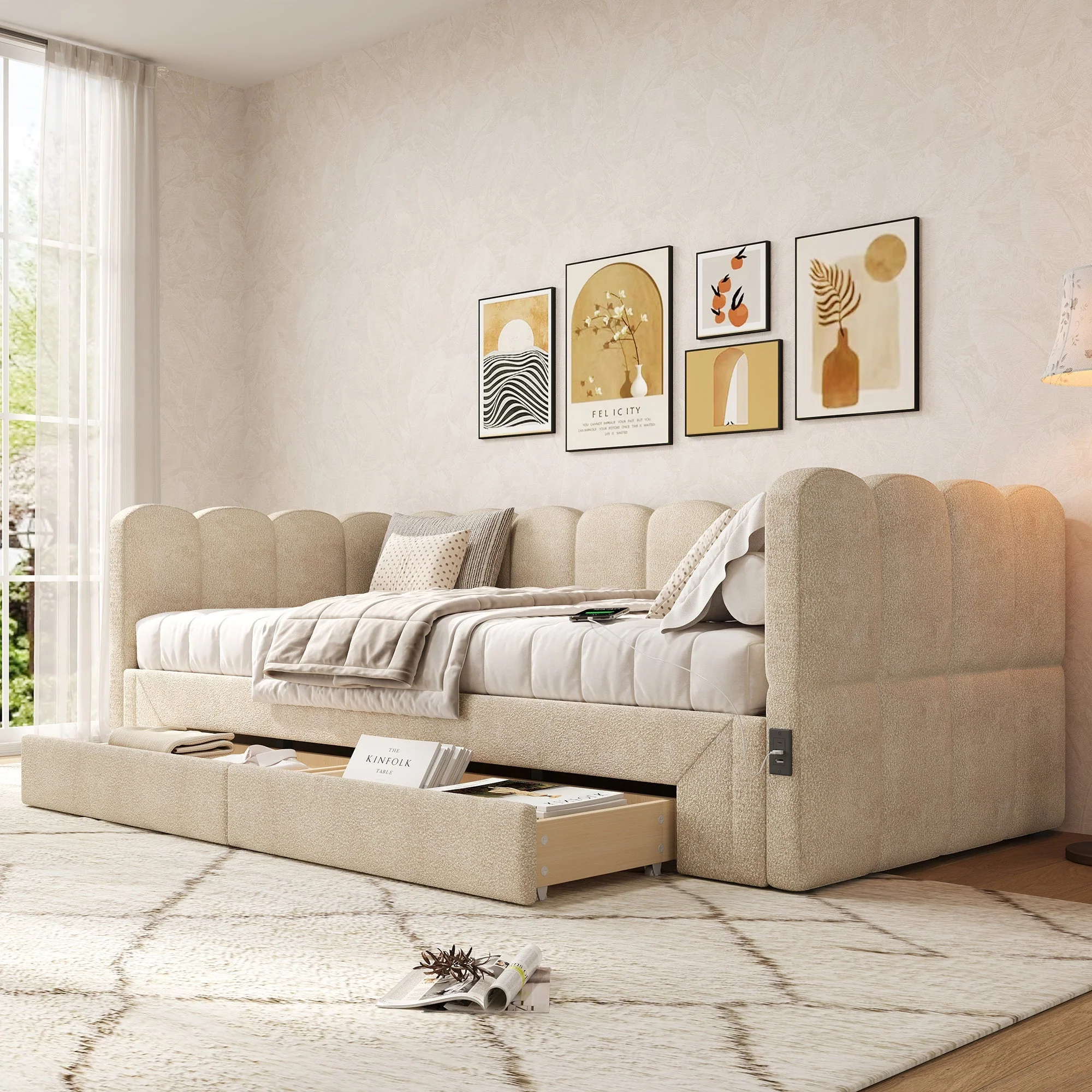 Upholstered Daybed Sofa Bed 90x200cm Extendable with 2 Drawers Storage USB Port beige chenille - Image 2