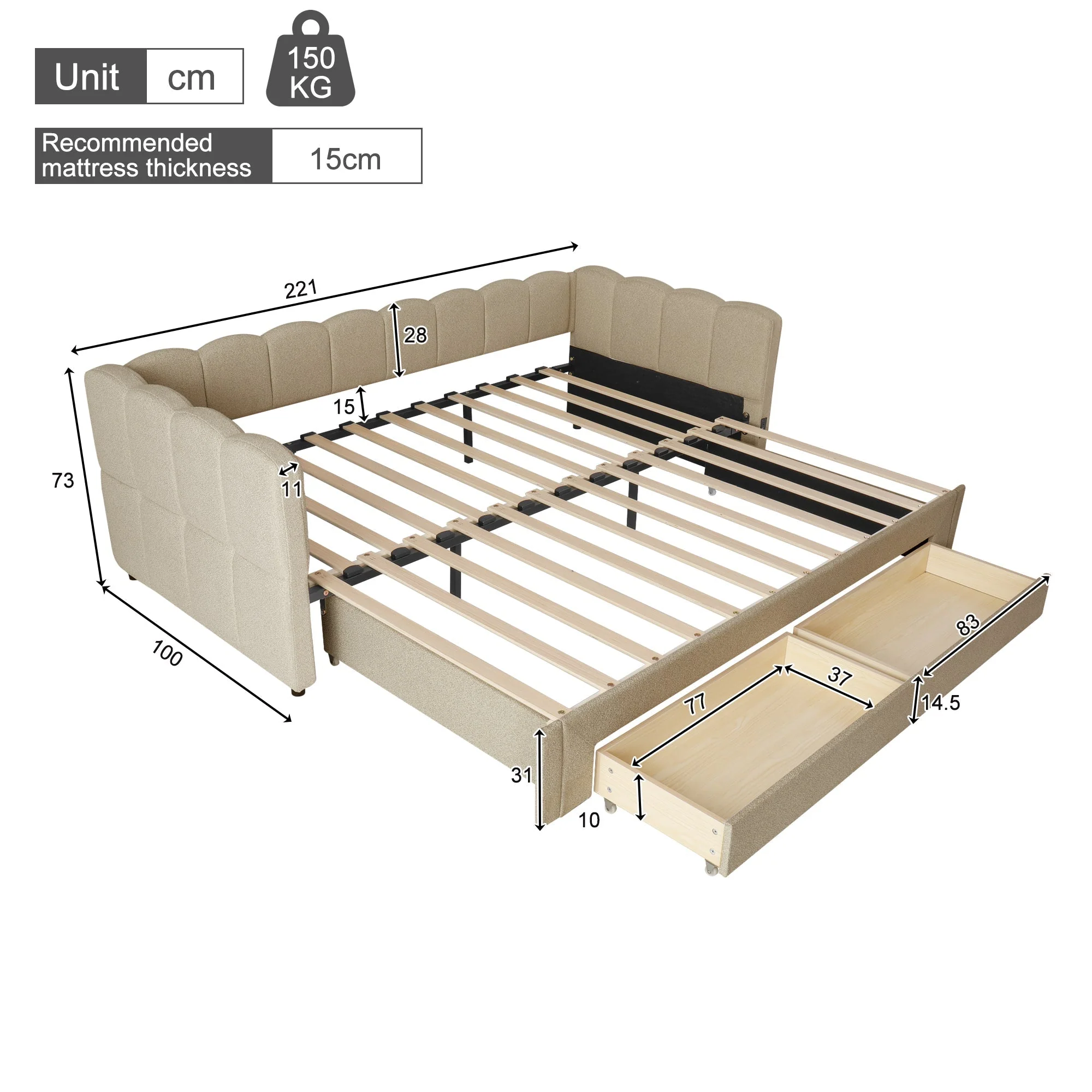 Upholstered Daybed Sofa Bed 90x200cm Extendable with 2 Drawers Storage USB Port beige chenille - Image 8
