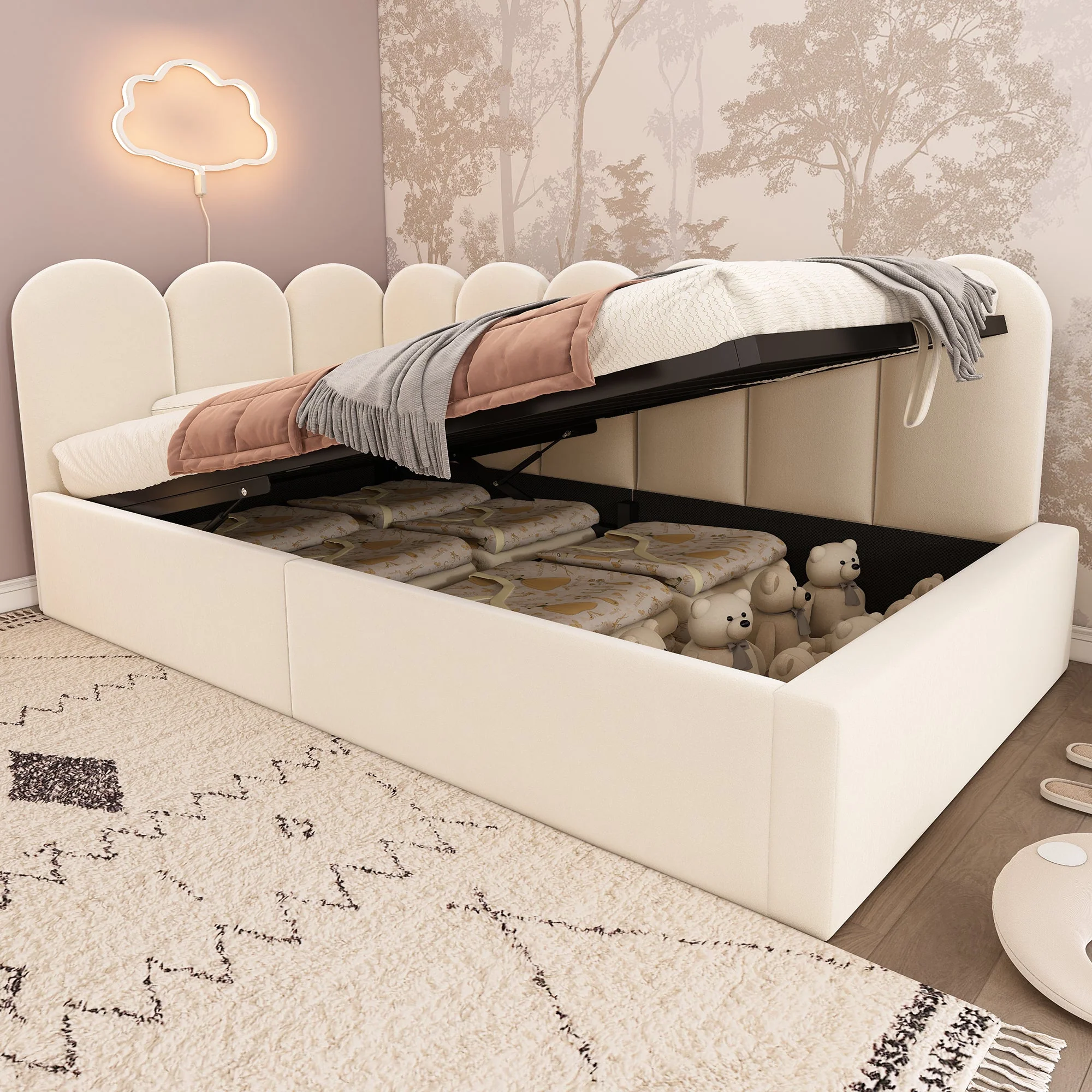 Upholstered Daybed Sofa Bed 90x200cm Hydraulic Storage Velvet Beige - Image 5