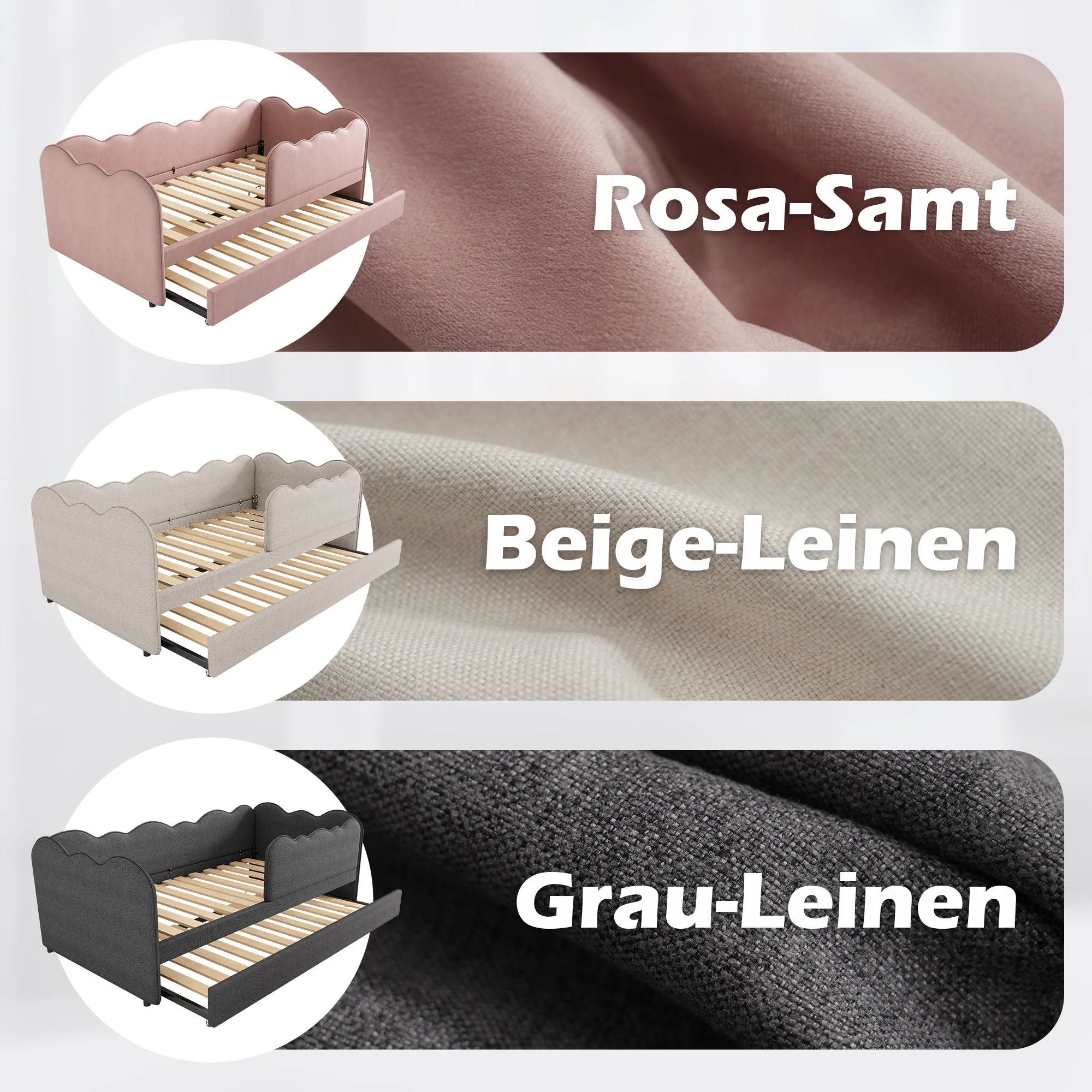 Upholstered Daybed Sofa Bed with Pull-Out Bed 90x190cm Slatted Base, Linen Grey - Image 5