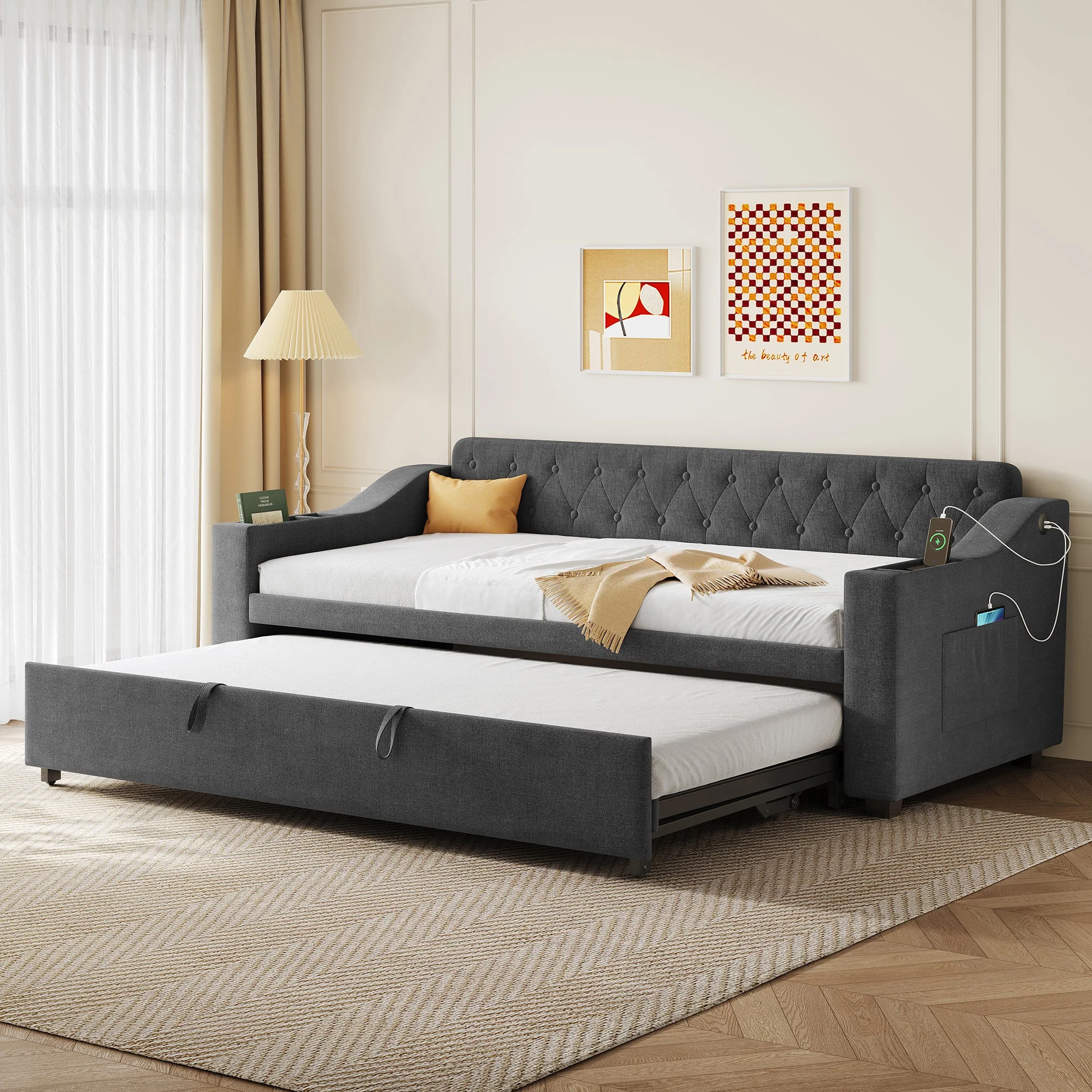 Upholstered Daybed Sofa with Trundle, Charging Station and Armrest Storage, Linen Grey - Image 2