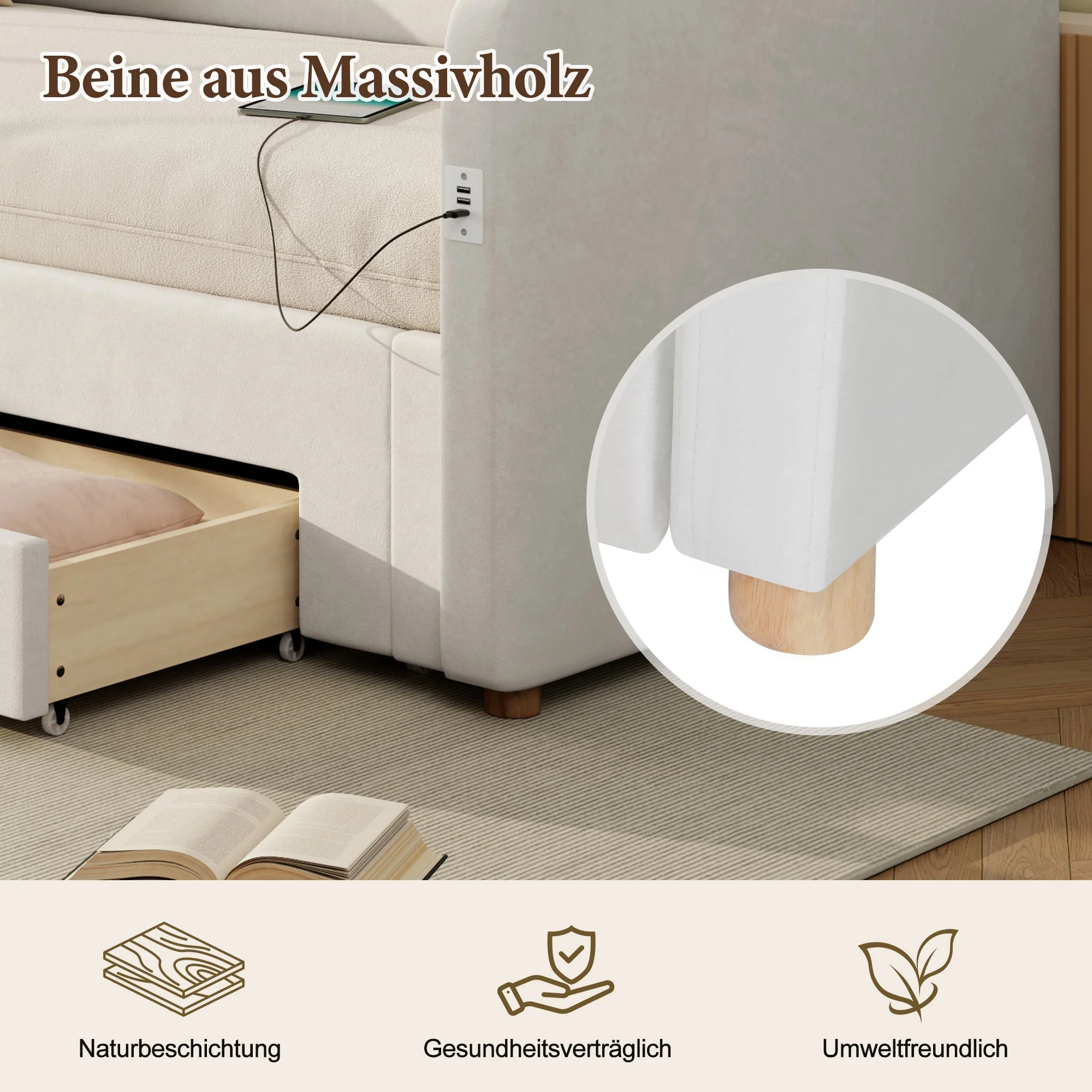 Upholstered Daybed with 2 Drawers, USB Port, 90x200cm Extendable to 180cm, Beige Velvet - Image 7