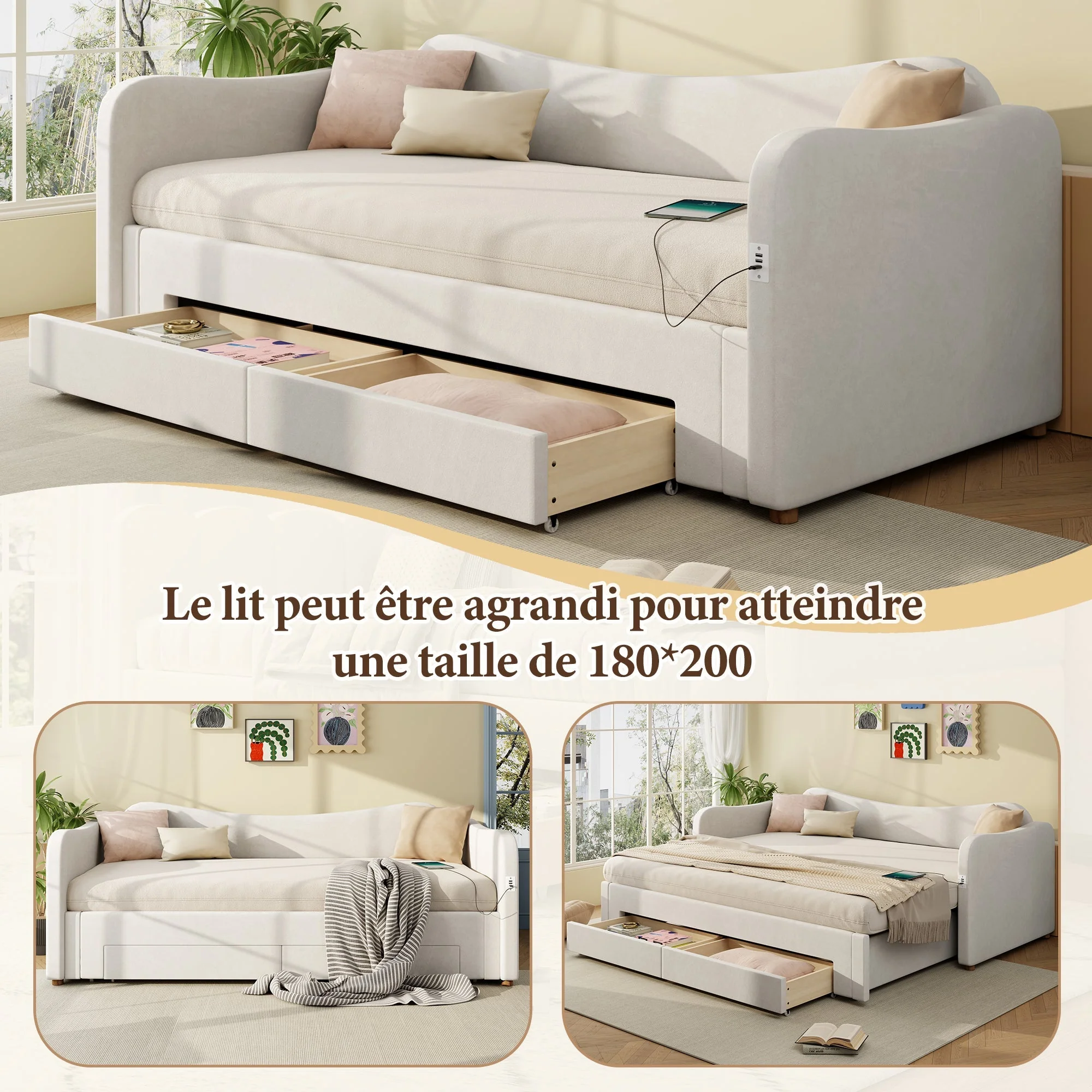 Upholstered Daybed with 2 Drawers, USB Port, 90x200cm Extendable to 180cm, Beige Velvet - Image 9