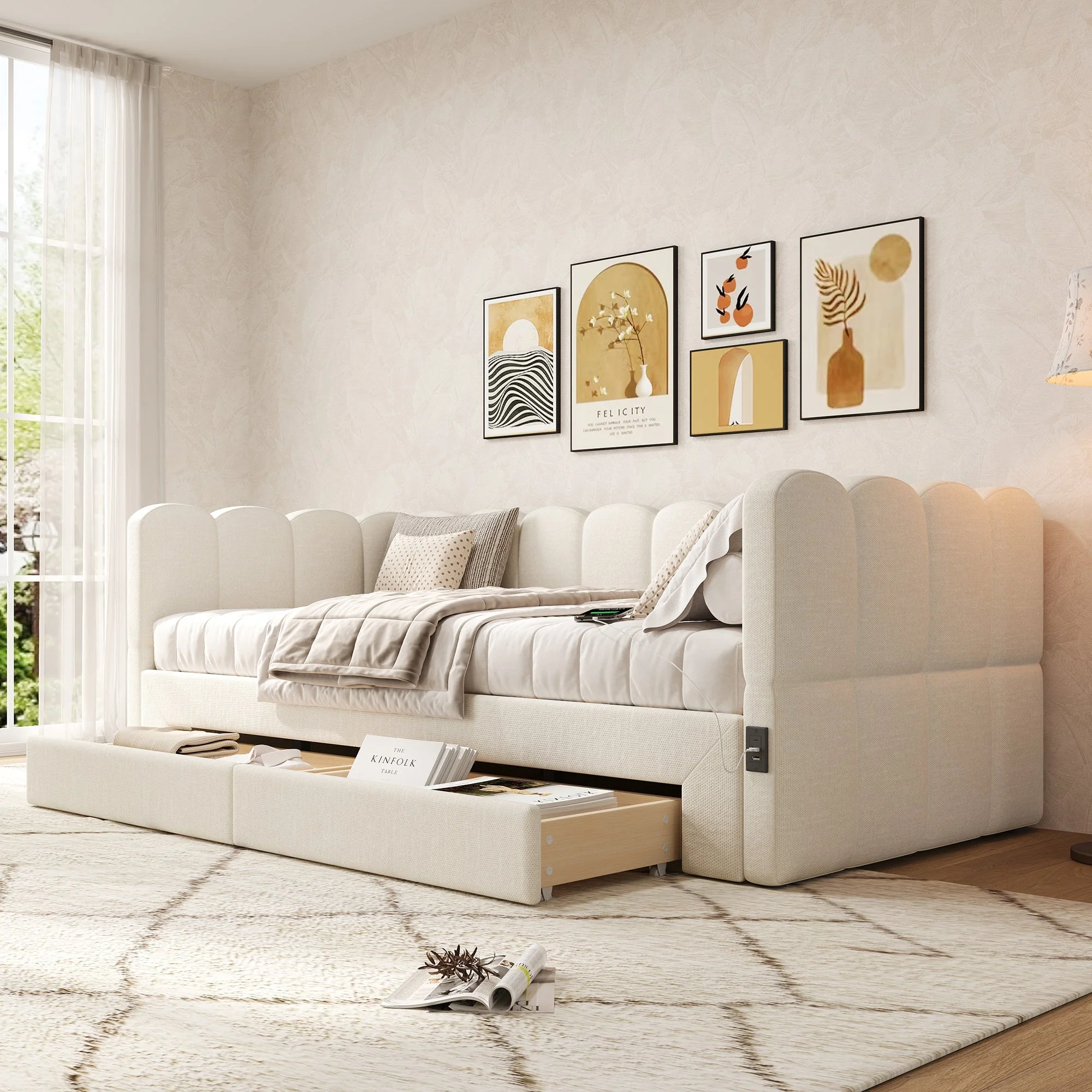 Upholstered Daybed with 2 Storage Drawers and USB Port, Beige Linen - Image 2