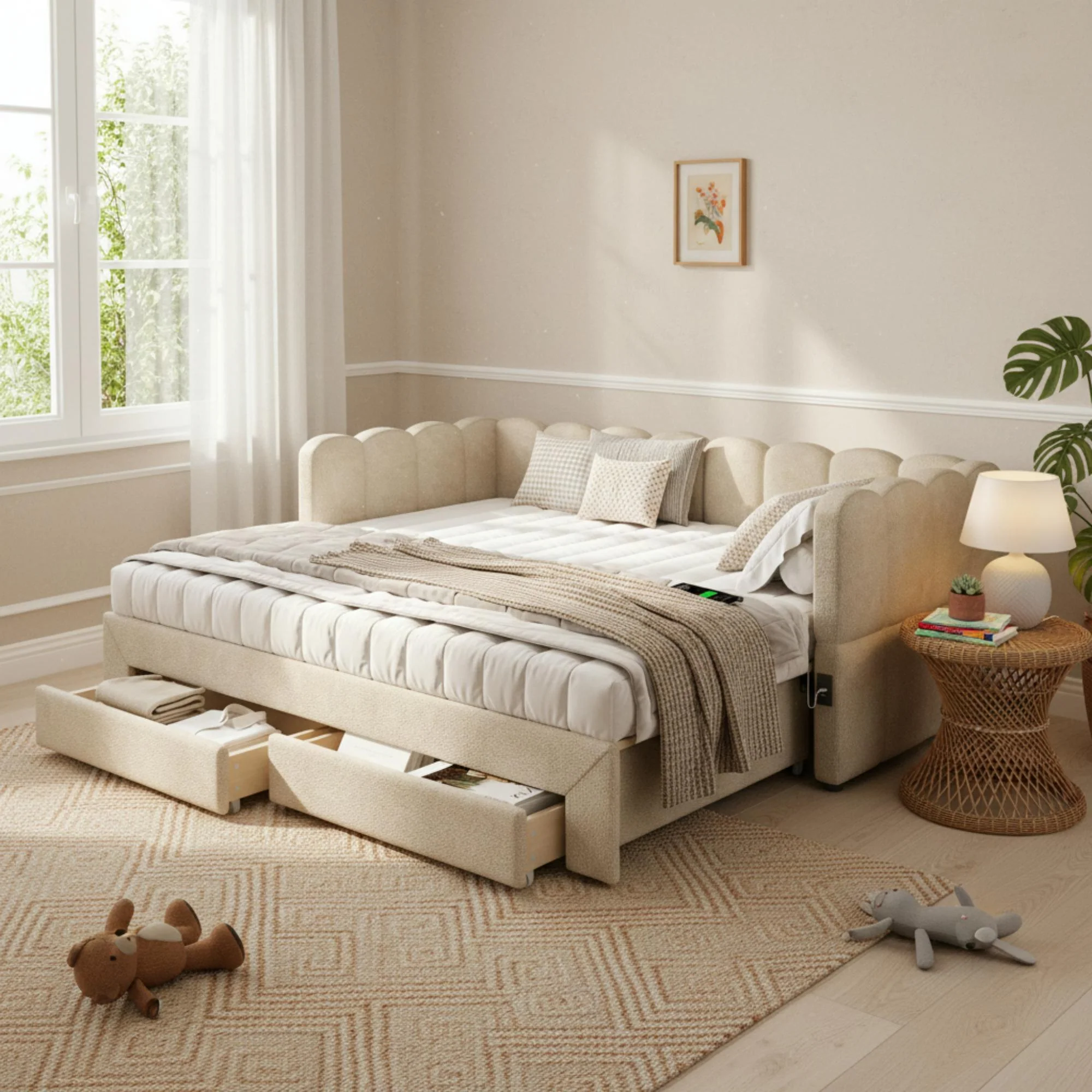 Upholstered Daybed with 2 Storage Drawers, USB Port, Extendable 90x190 to 180 cm, Beige Chenille - Image 4
