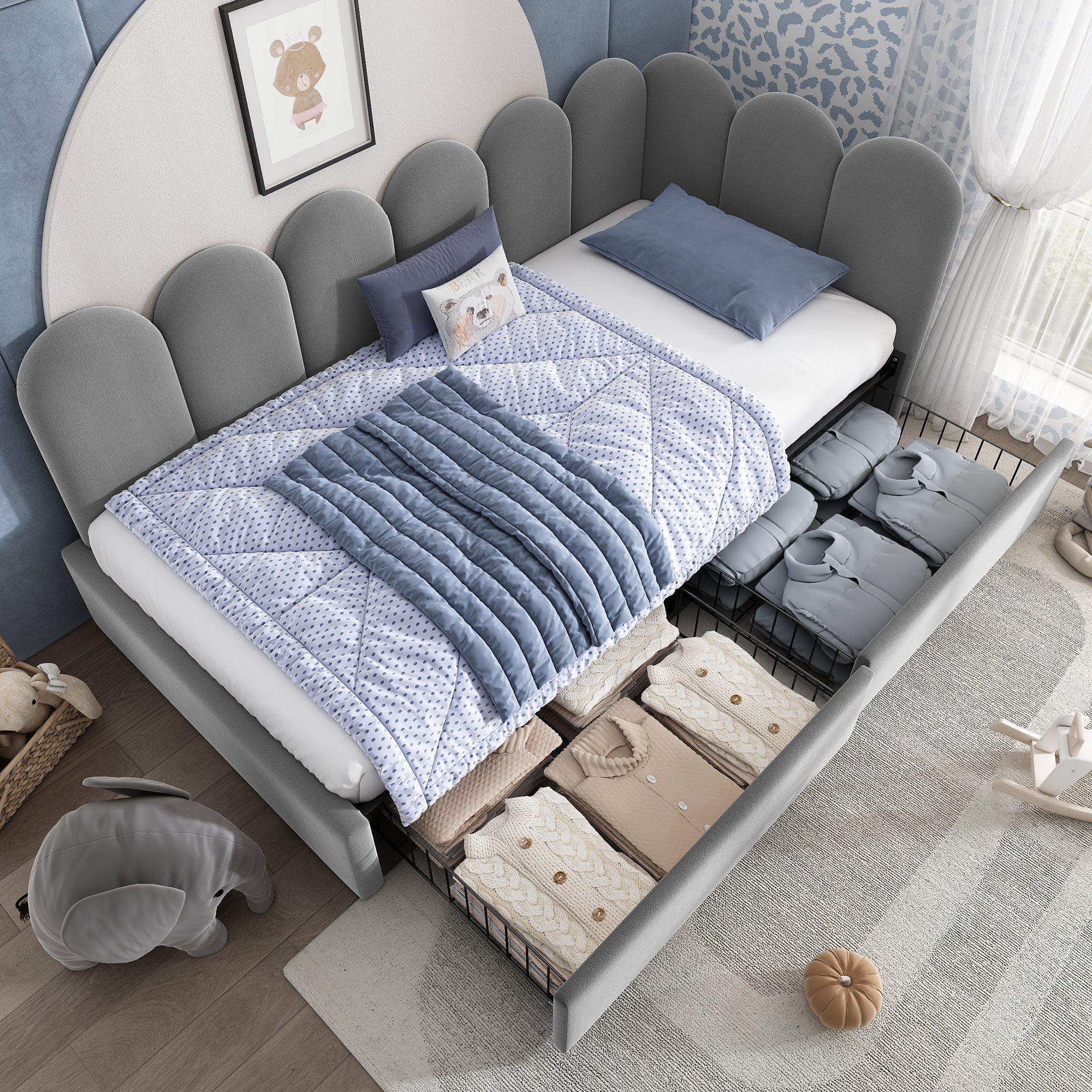 Upholstered Daybed with Drawers and Slatted Frame, 90x200cm, Gray Velvet - Image 9